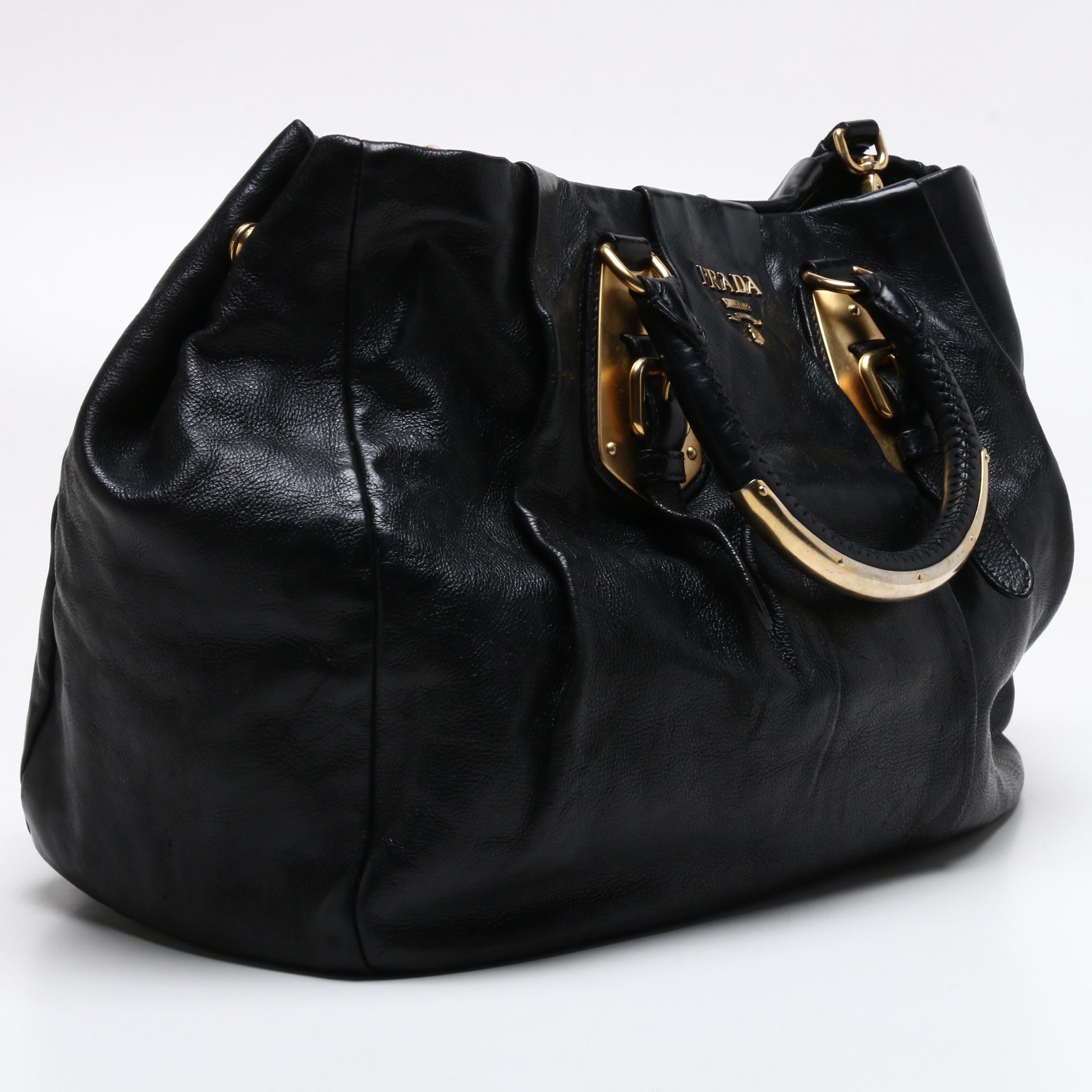 Prada Black Leather Pleated Tote Bag