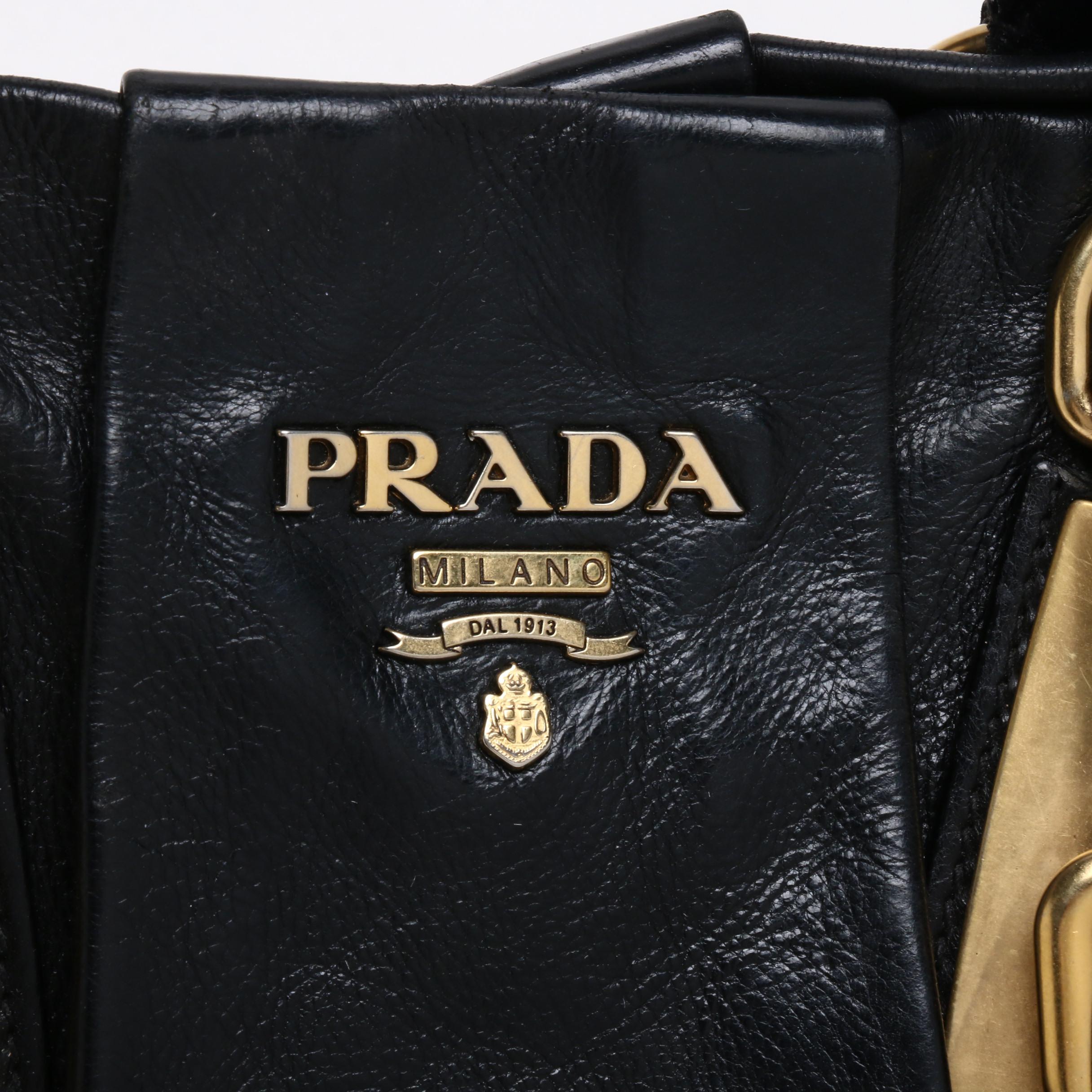 Prada Black Leather Pleated Tote Bag