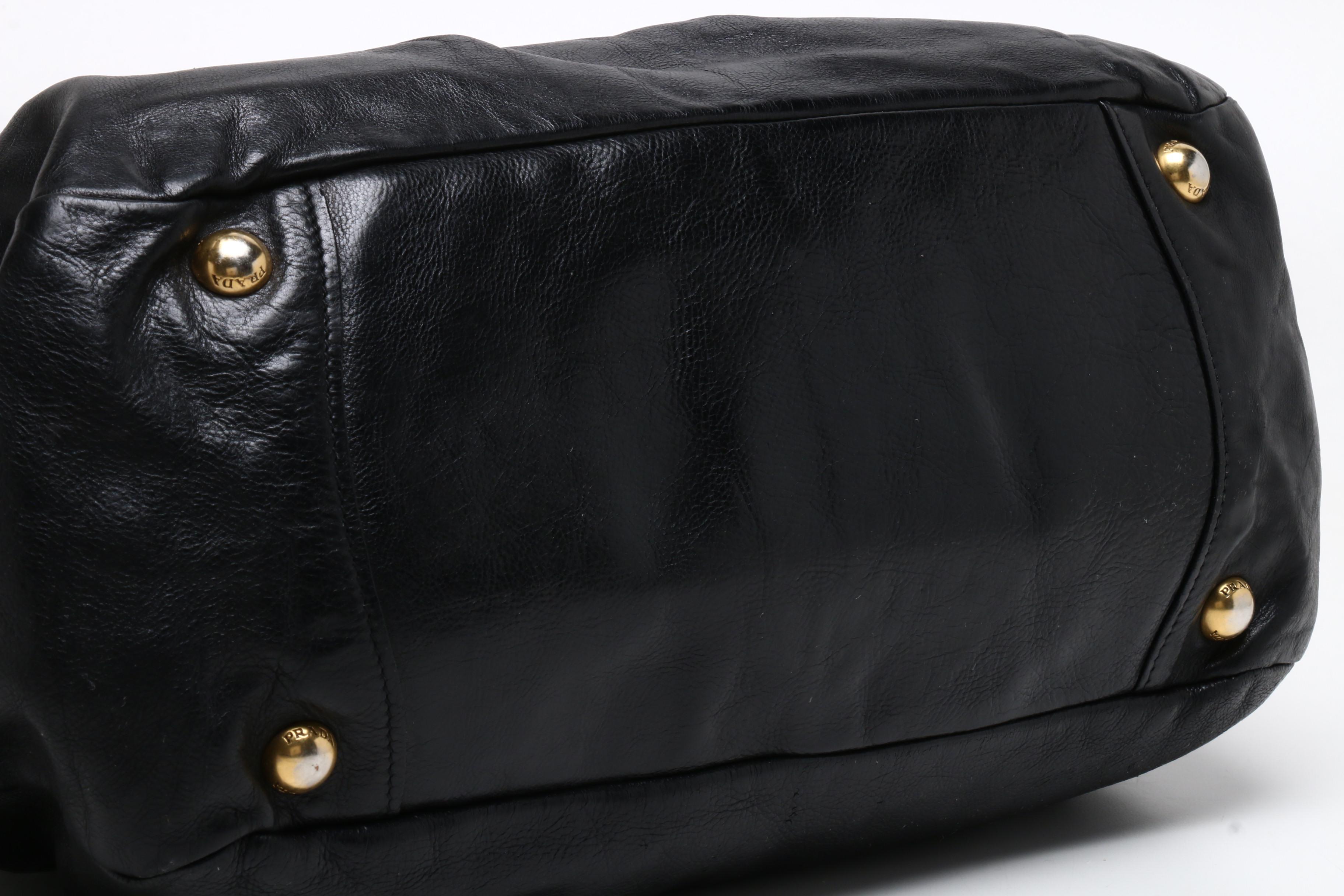 Prada Black Leather Pleated Tote Bag