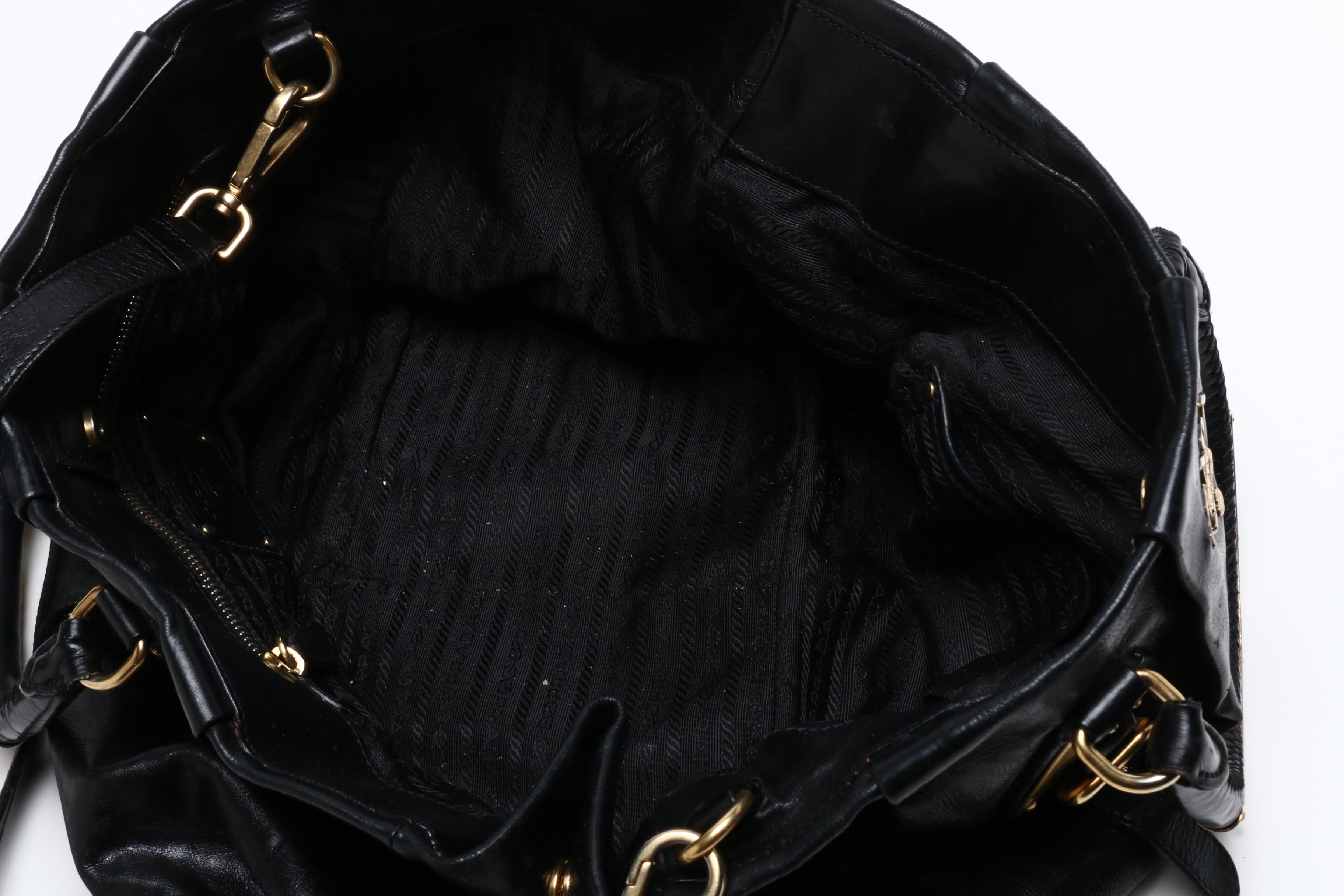 Prada Black Leather Pleated Tote Bag