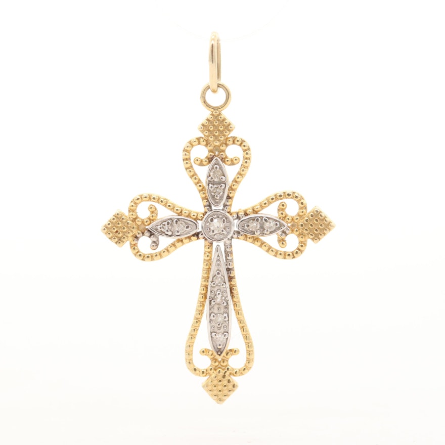 14K Yellow Gold Diamond Cross Pendant with White Gold Accent