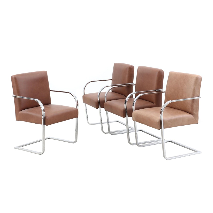 Four William-Sonoma Modern Chromed Steel and Leather Cantilever Armchairs