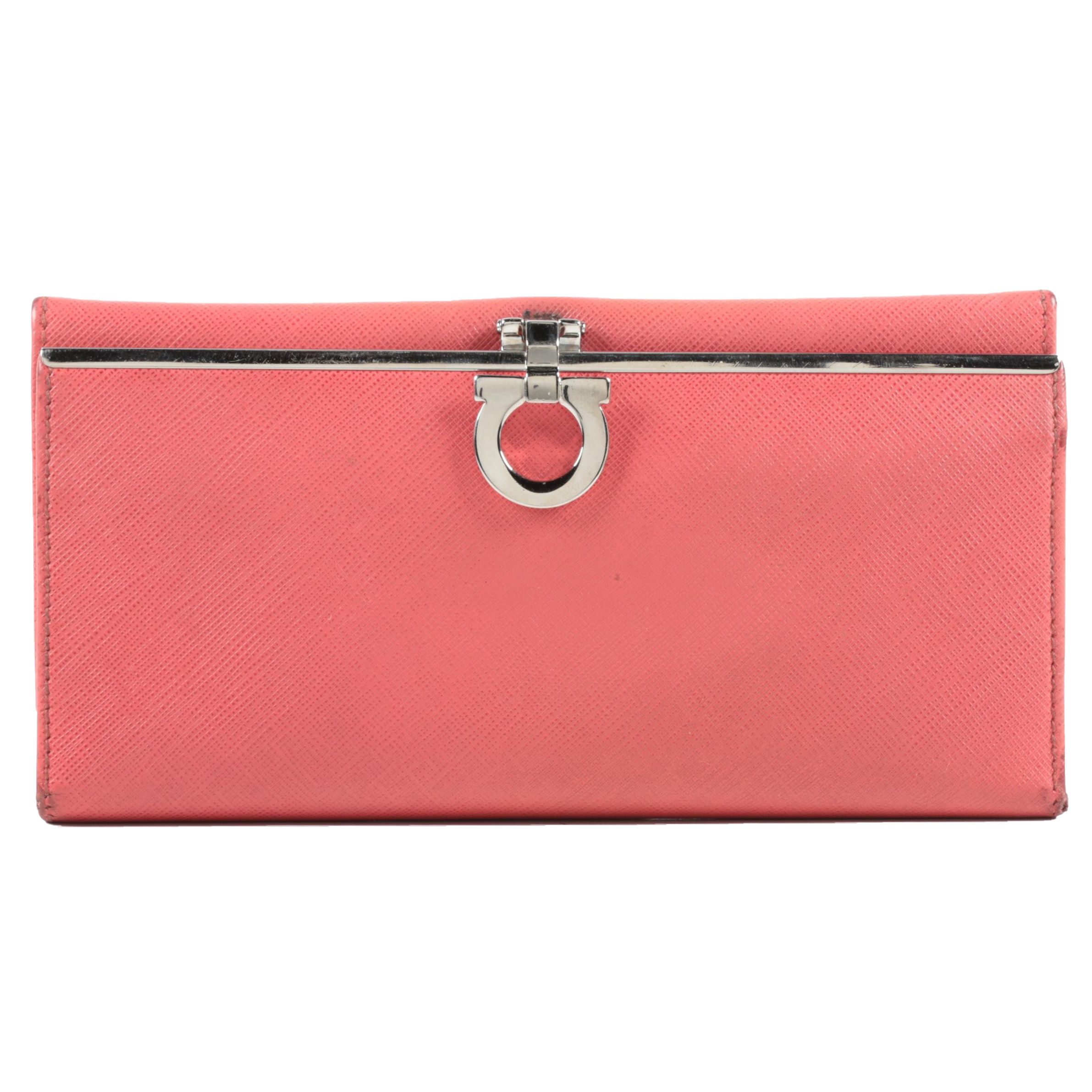 Salvatore Ferragamo Gancini Icona Continental Wallet in Coral Saffiano Leather