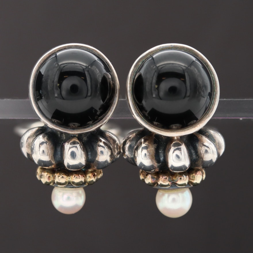 Sterling Silver Black Onyx and Cultured Pearl Earrings