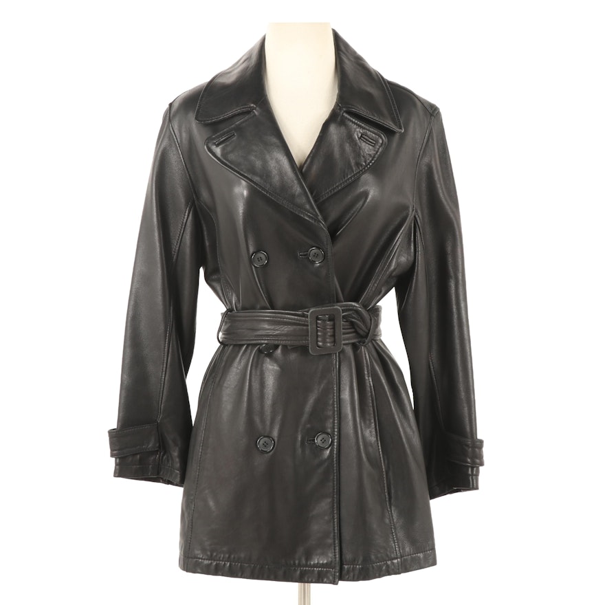 Andrew Marc Additions Black Leather Double-Breasted Coat with Belt