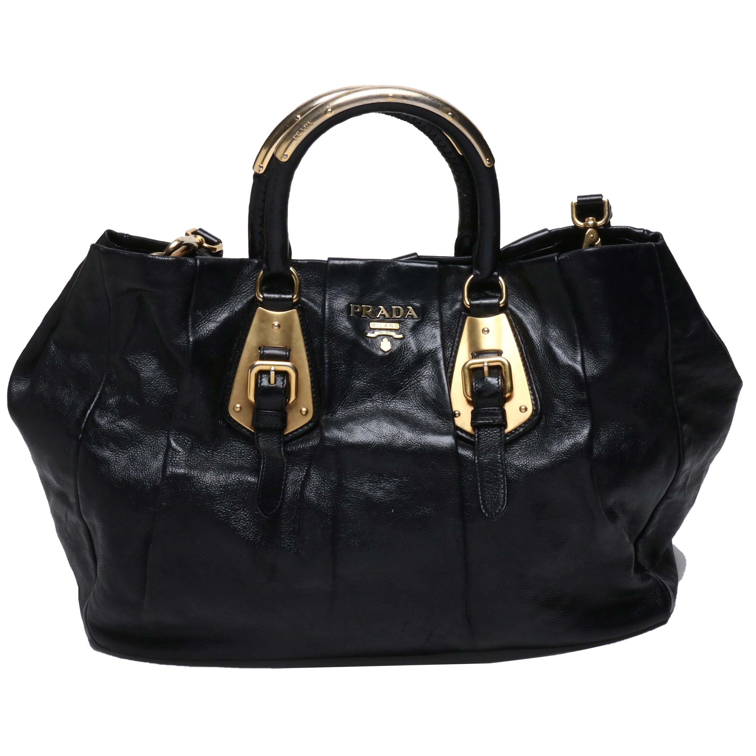 Prada Black Leather Pleated Tote Bag