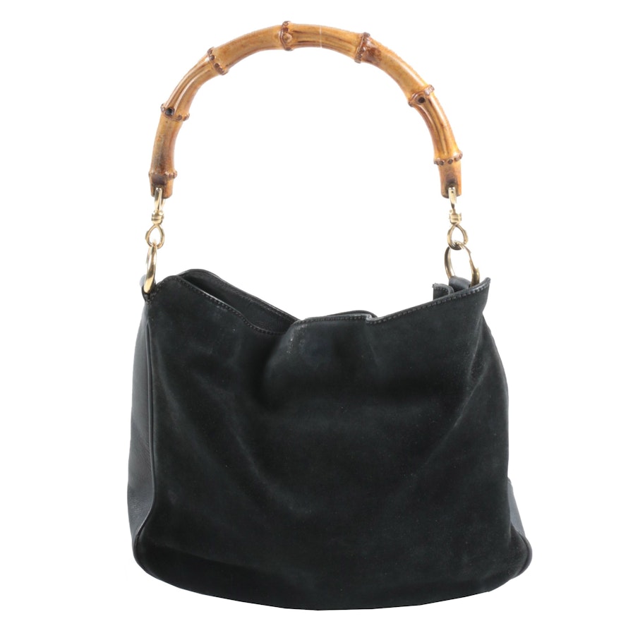 Gucci Bamboo Handle Hobo Bag in Black Suede and Leather