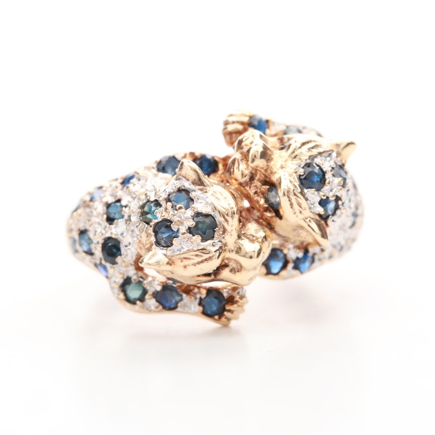 14K Yellow Gold Blue Sapphire and Diamond Panther Ring