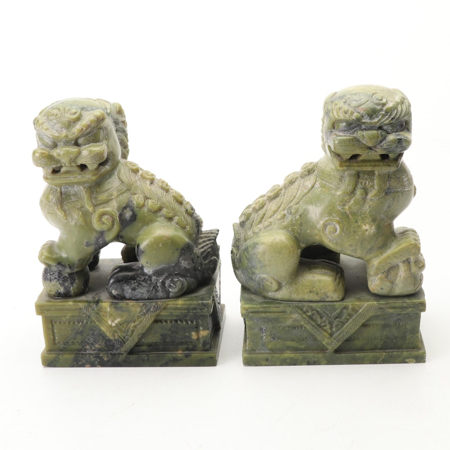 Pair of Chinese Carved Soapstone Guardian Lions