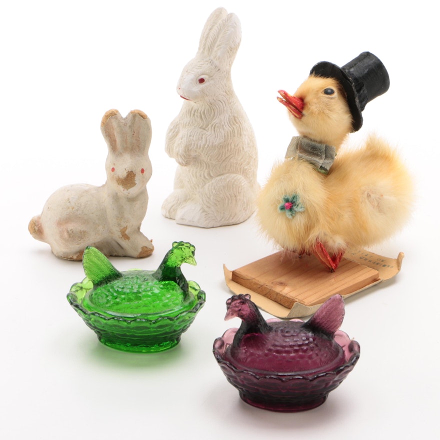 Animal Figurines, Small Glass Hen Dishes, and a Taxidermy Chick, Vintage