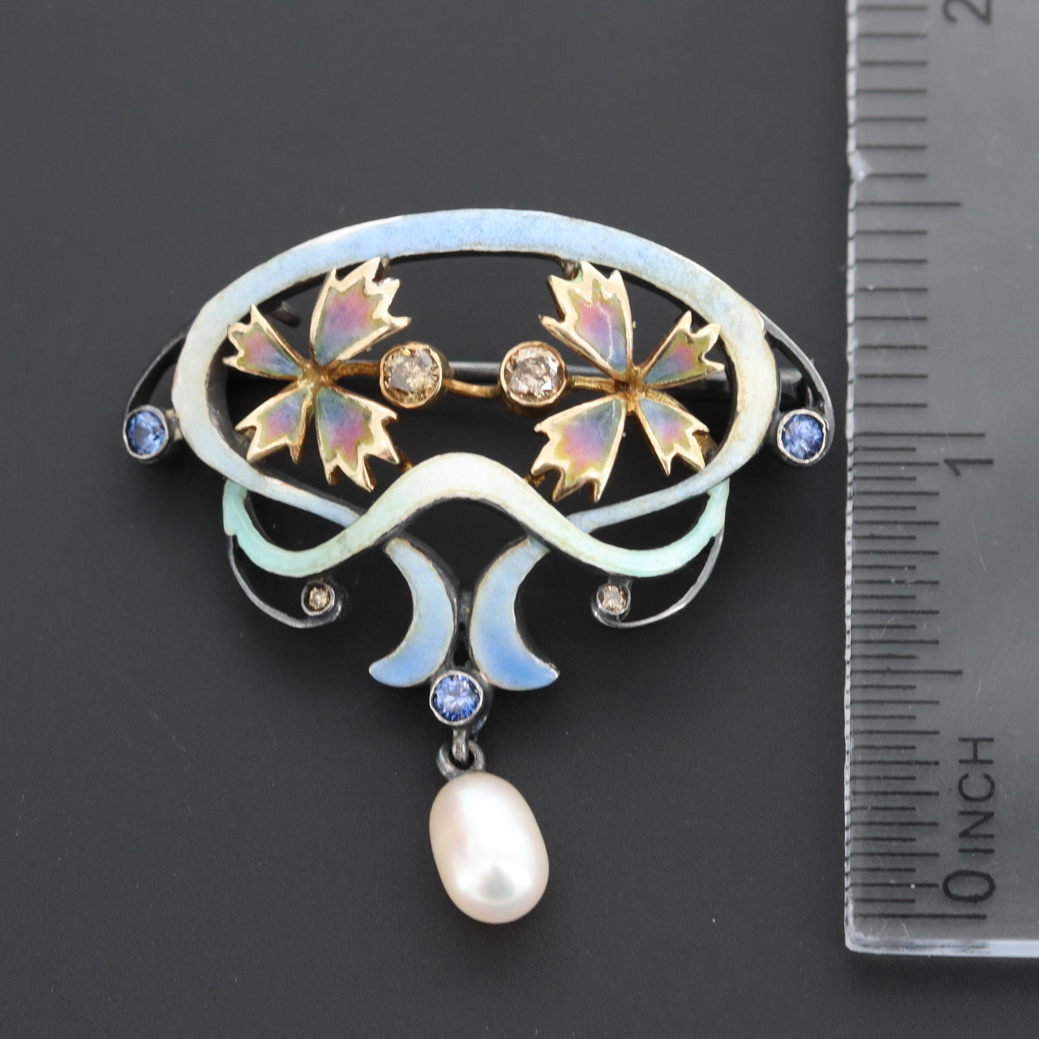 Art Nouveau Plique-à-Jour Enamel Sterling Brooch with Diamonds and Sapphires