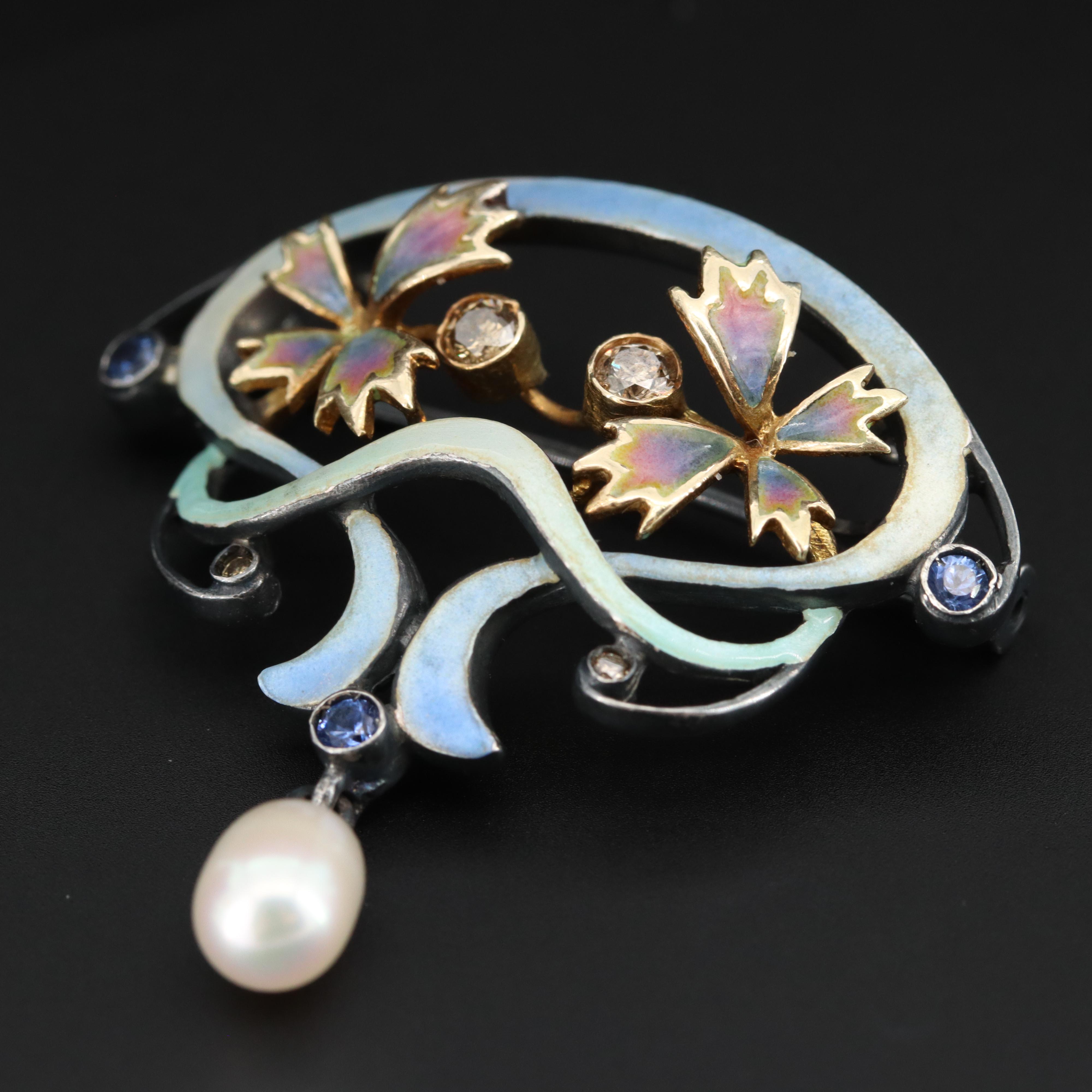 Art Nouveau Plique-à-Jour Enamel Sterling Brooch with Diamonds and Sapphires