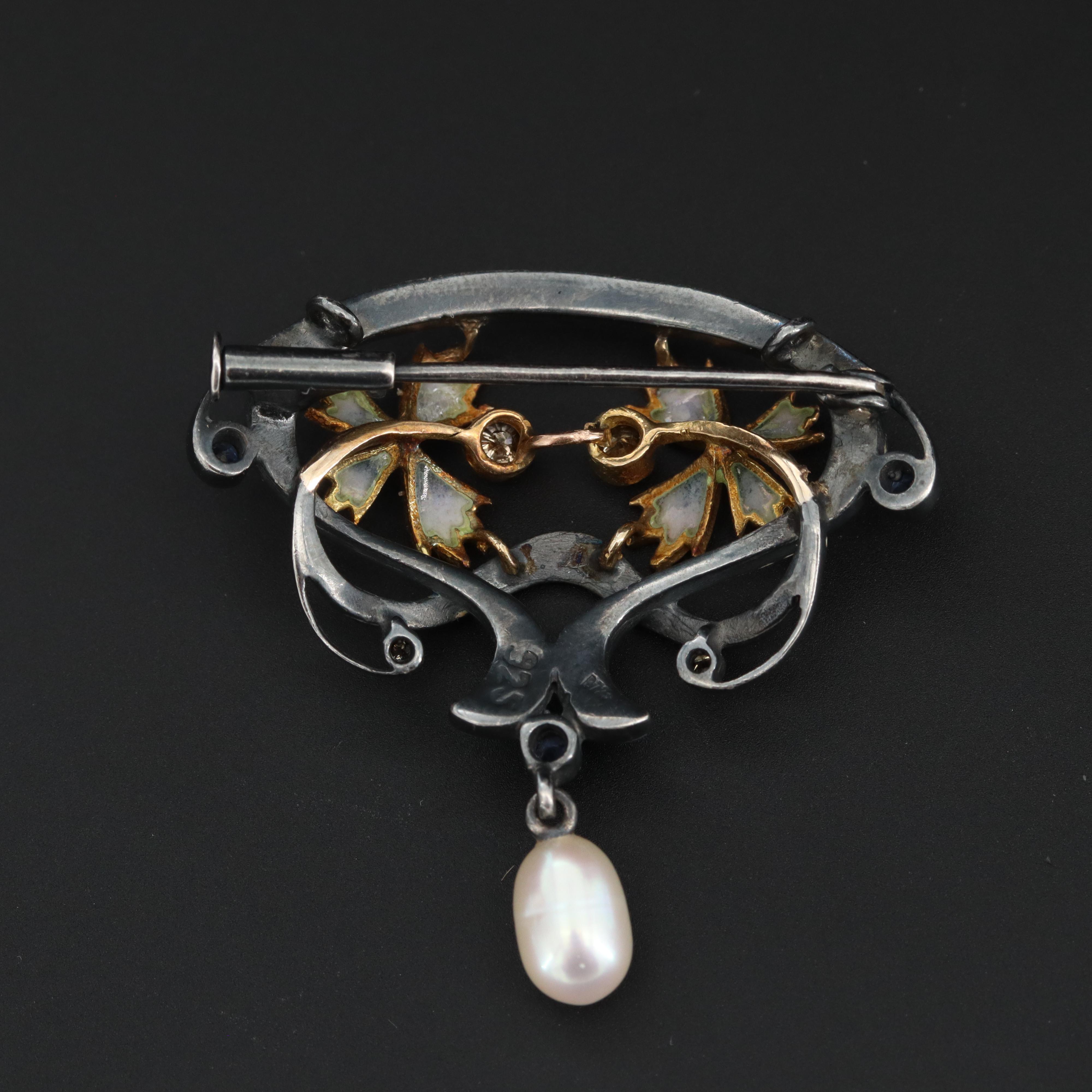 Art Nouveau Plique-à-Jour Enamel Sterling Brooch with Diamonds and Sapphires