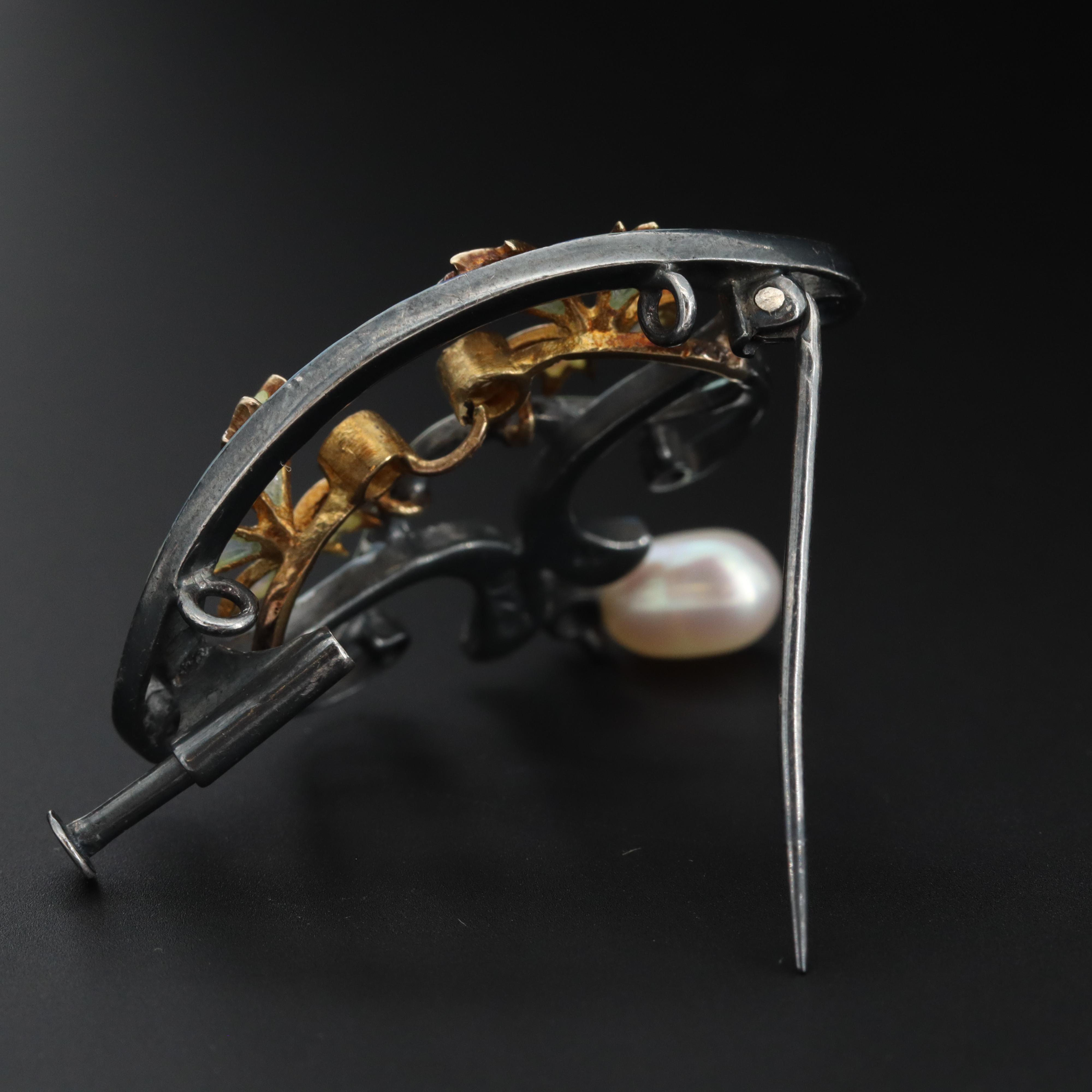 Art Nouveau Plique-à-Jour Enamel Sterling Brooch with Diamonds and Sapphires