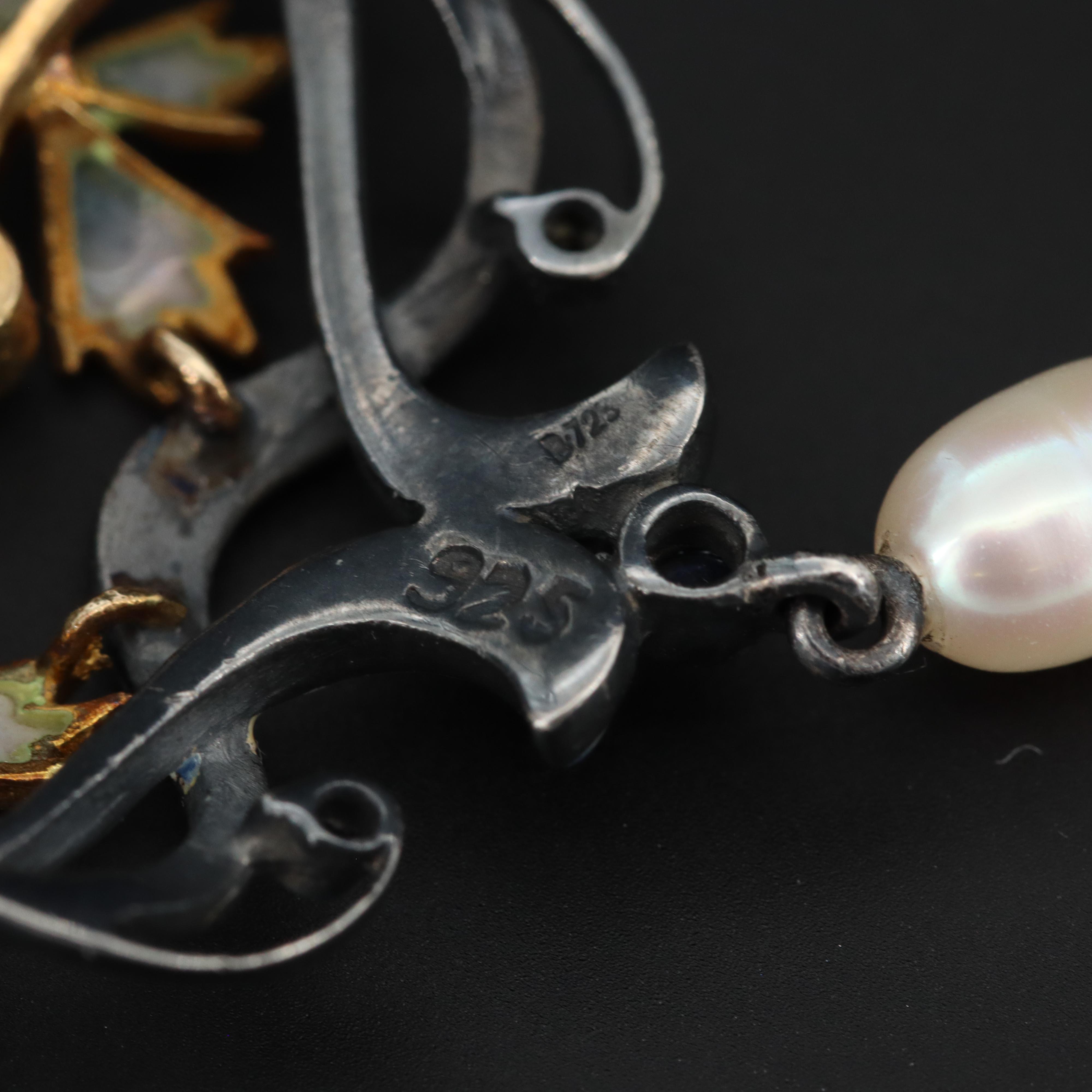 Art Nouveau Plique-à-Jour Enamel Sterling Brooch with Diamonds and Sapphires