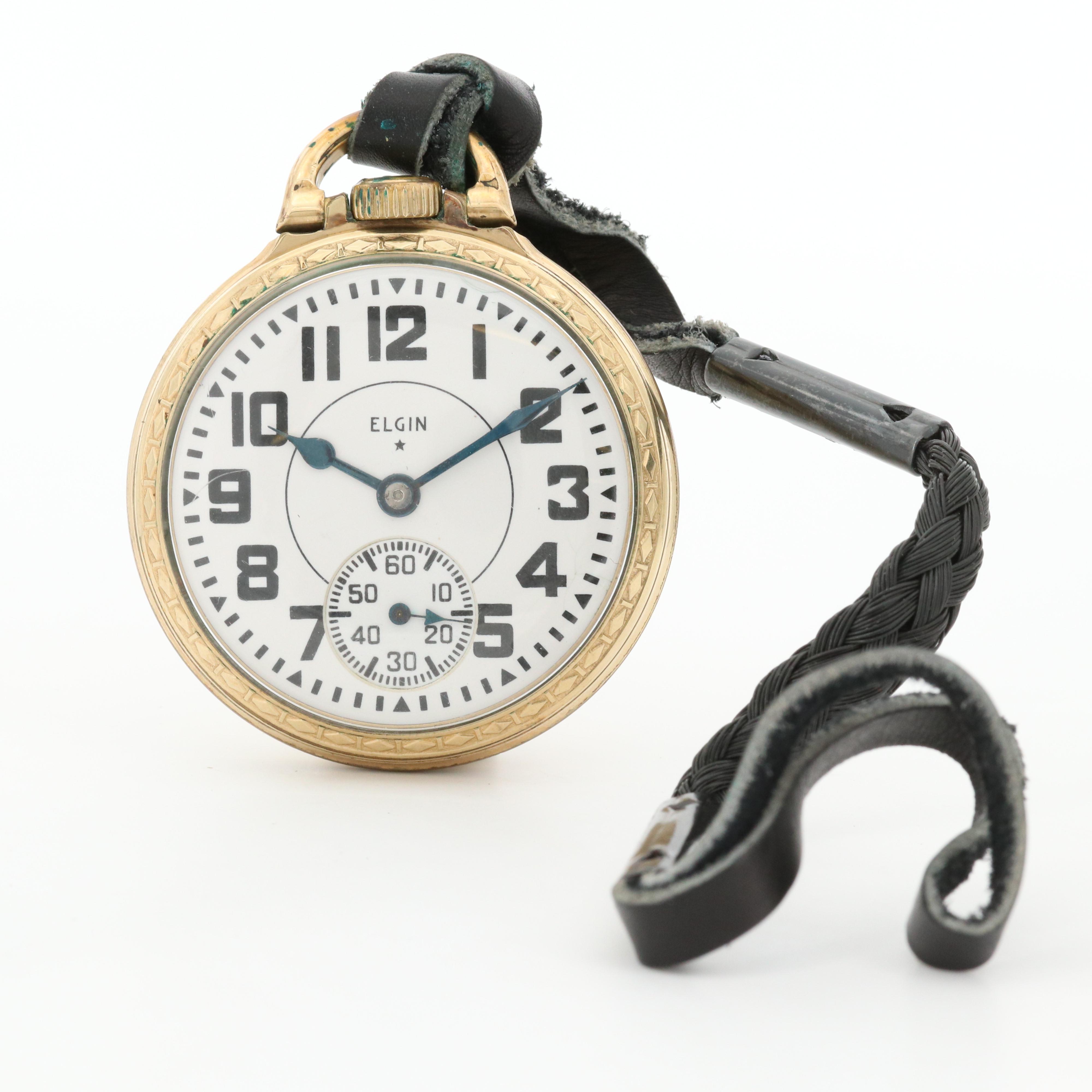 Vintage Elgin B.W. Raymond 10K Gold Filled Pocket Watch and Leather Fob