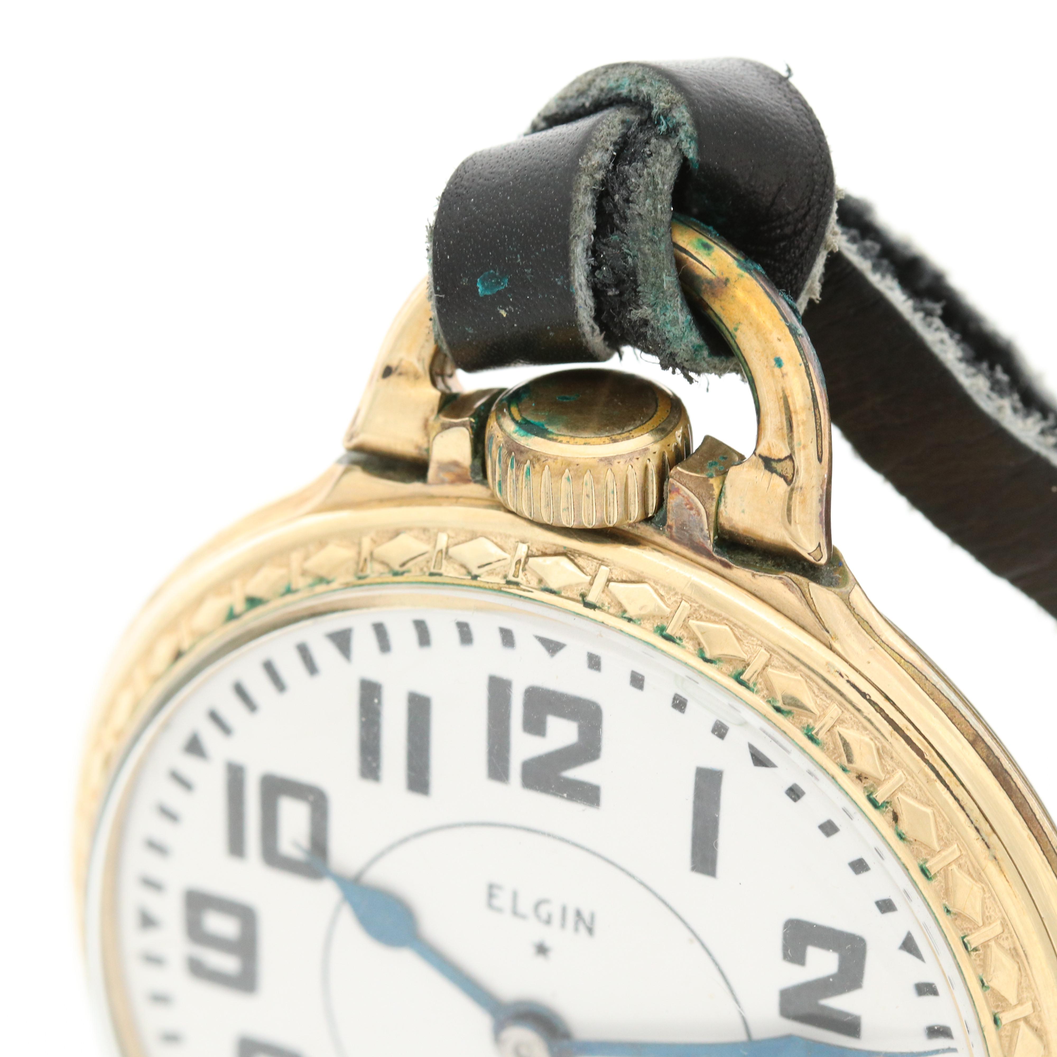 Vintage Elgin B.W. Raymond 10K Gold Filled Pocket Watch and Leather Fob