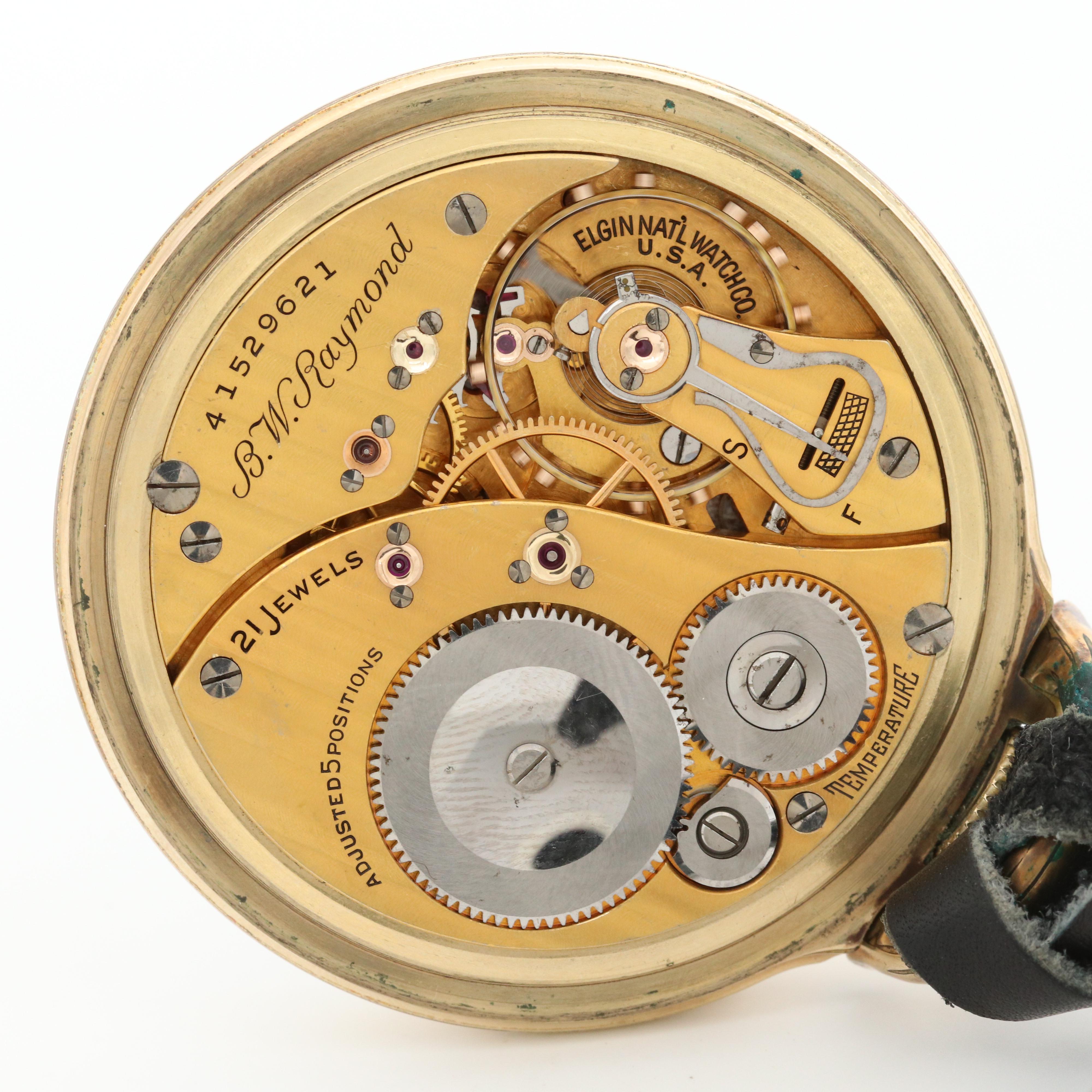 Vintage Elgin B.W. Raymond 10K Gold Filled Pocket Watch and Leather Fob