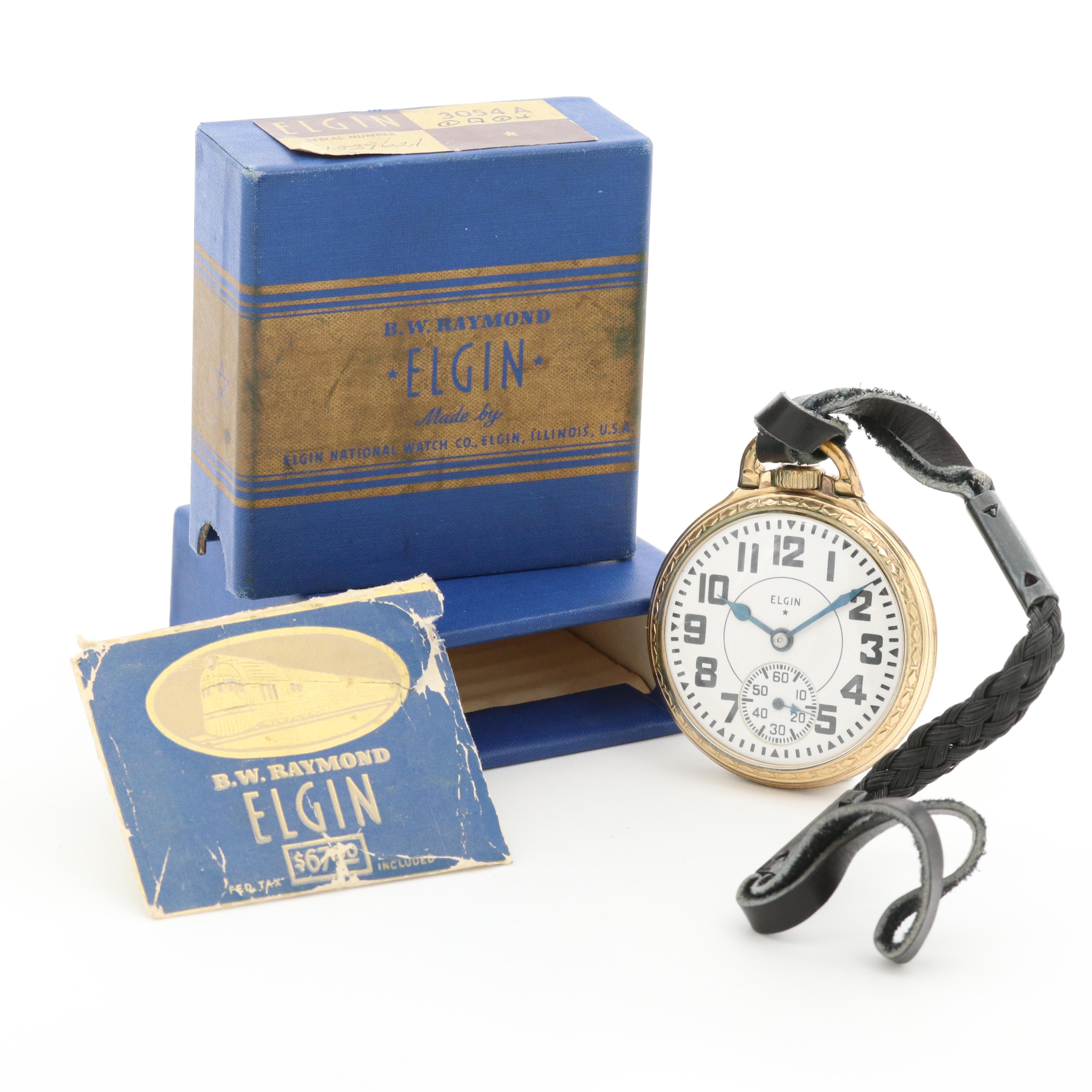 Vintage Elgin B.W. Raymond 10K Gold Filled Pocket Watch and Leather Fob
