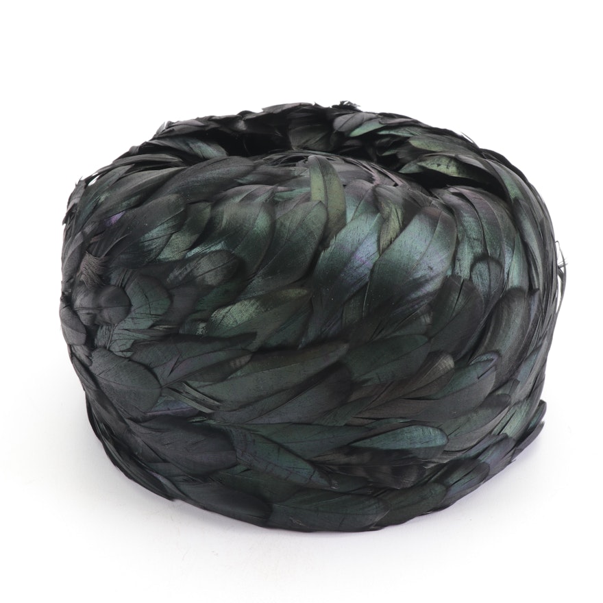 Iridescent Black Feather Pillbox Hat with Hat Box, 1960s  Vintage