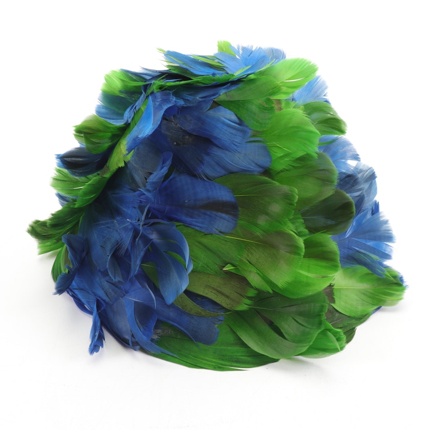 Henry Margu Creations Green and Blue Feather Hat with Hat Box, 1960s Vintage