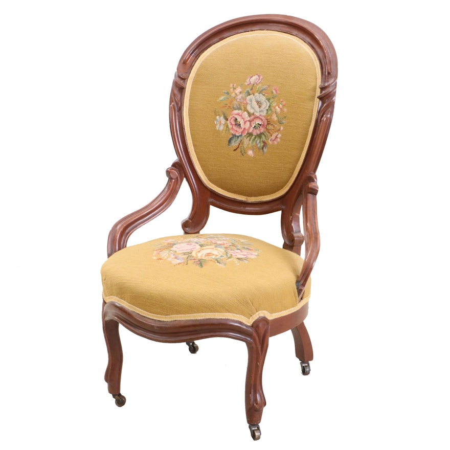 Victorian Walnut Needlepoint Upholstered Parlor Chair, Circa 1870s