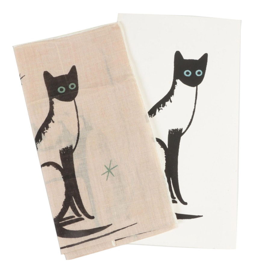 Stell & Shevis Handprinted "Siamese Cats" Card and Handkerchief, Mid-Century