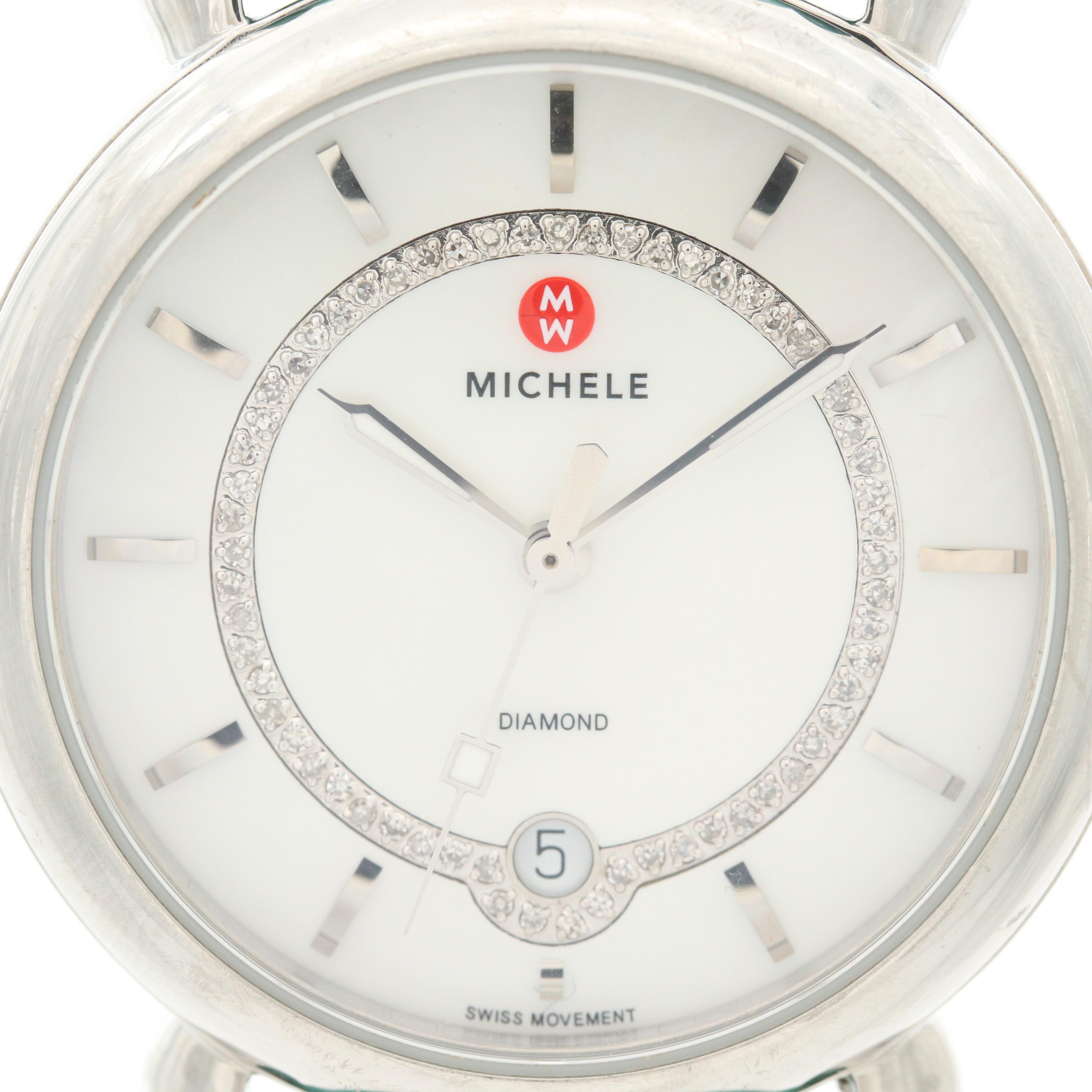 Michele Stainless Steel and Diamond Watch With Mother of Pearl Dial