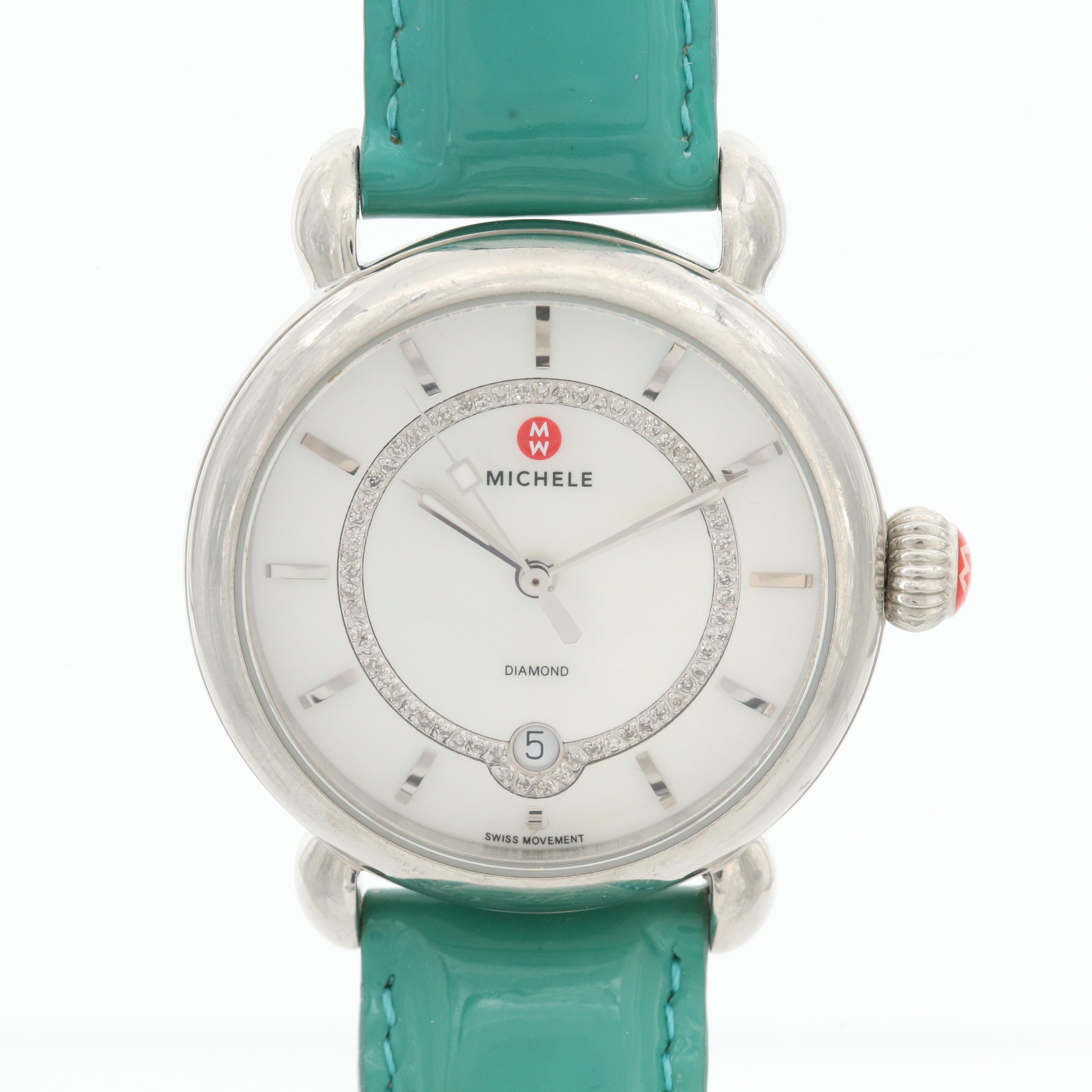 Michele Stainless Steel and Diamond Watch With Mother of Pearl Dial