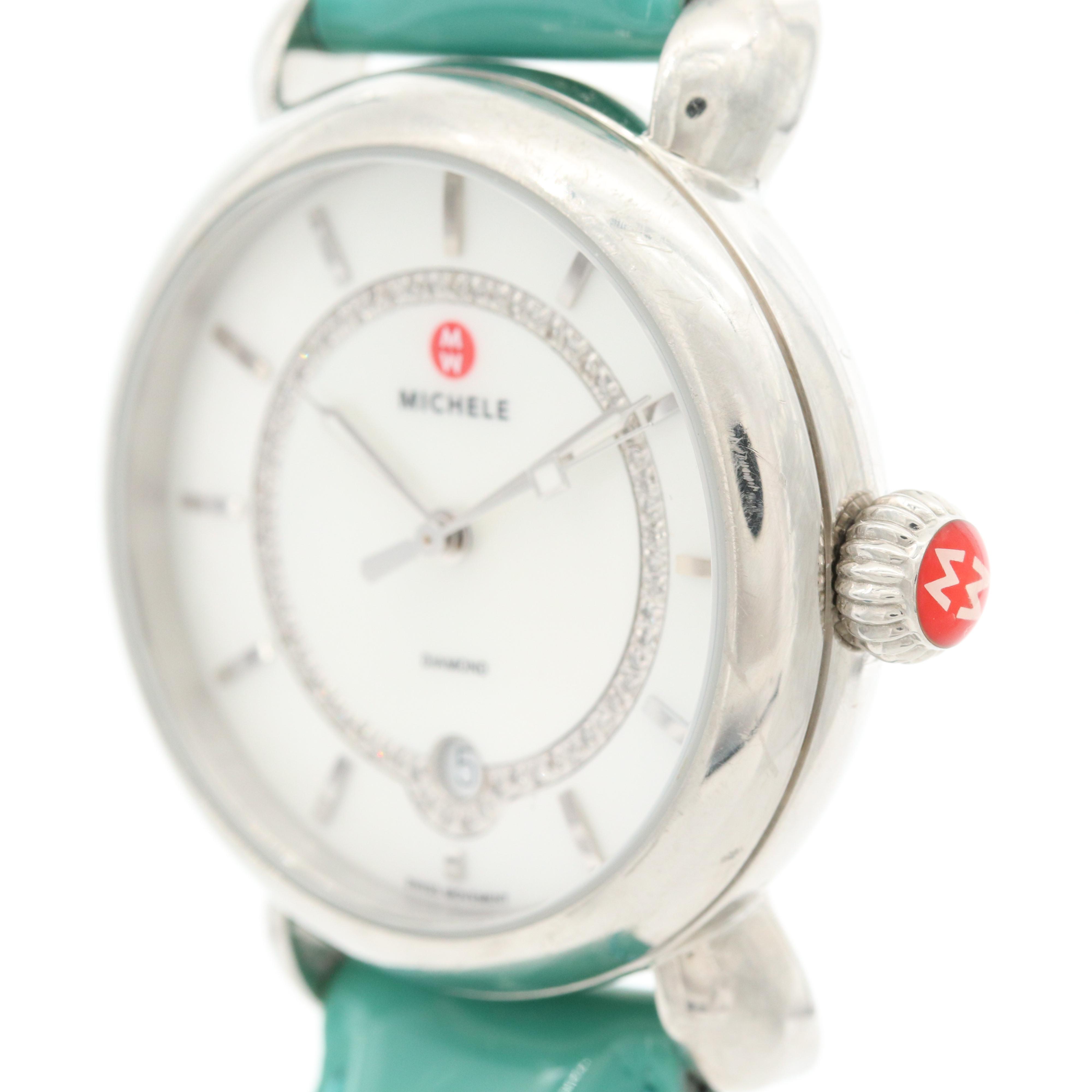 Michele Stainless Steel and Diamond Watch With Mother of Pearl Dial