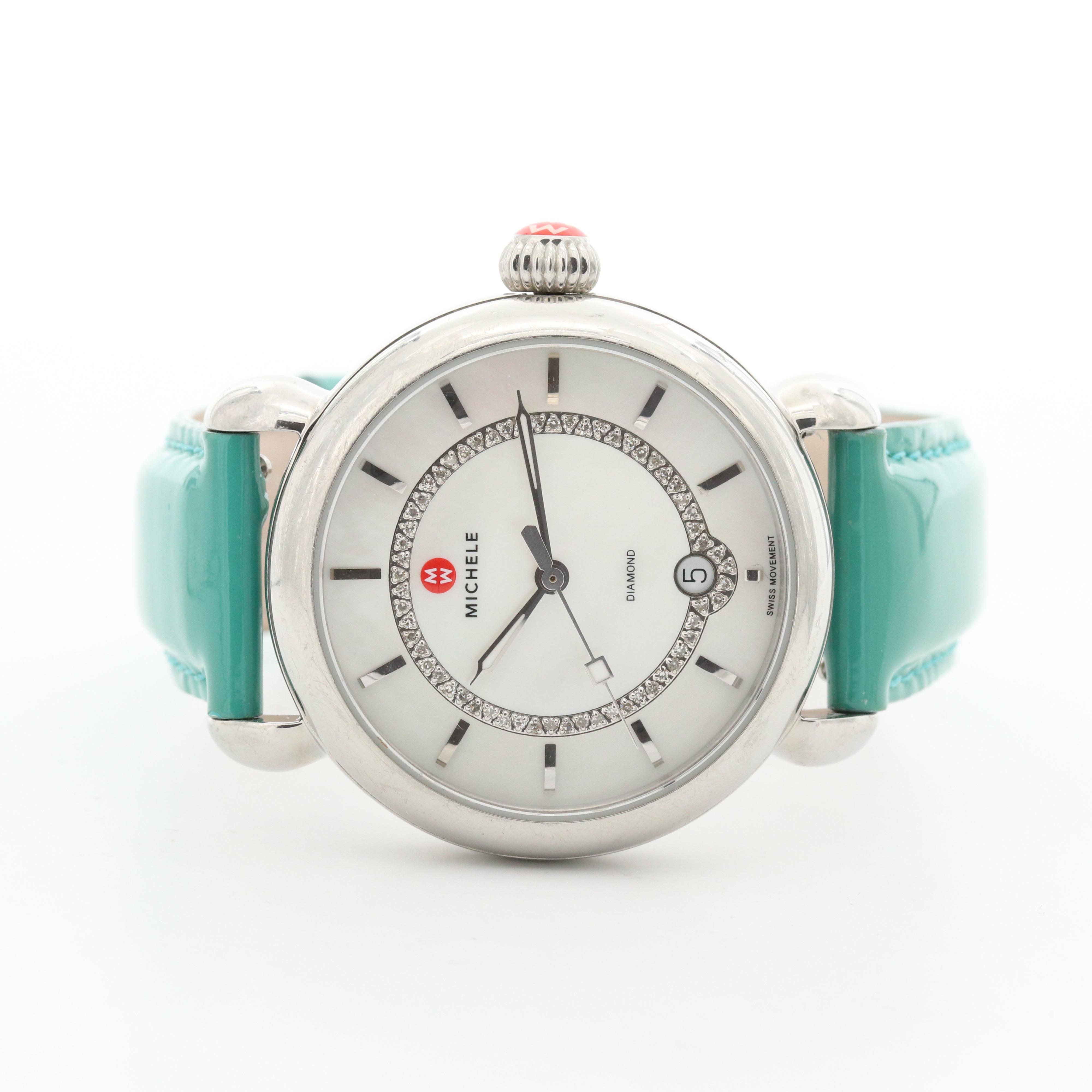 Michele Stainless Steel and Diamond Watch With Mother of Pearl Dial