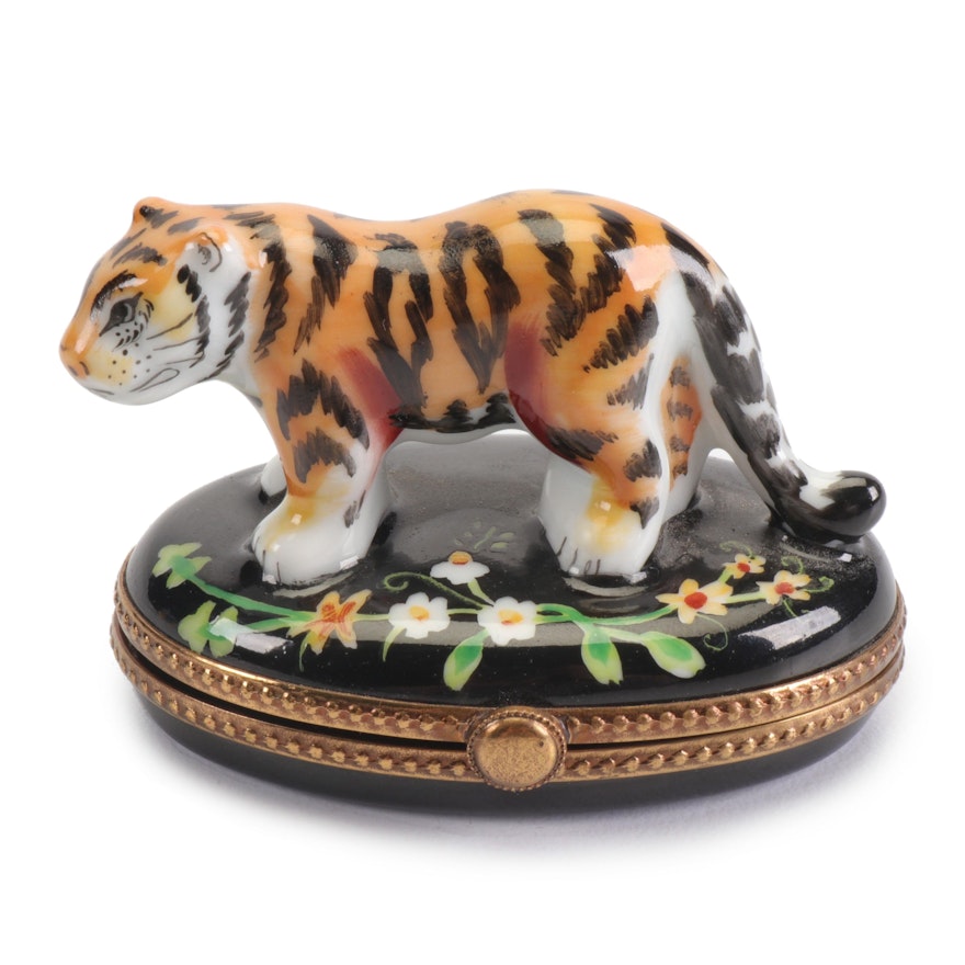 Limoges Hand-Painted Porcelain Tiger Trinket Box