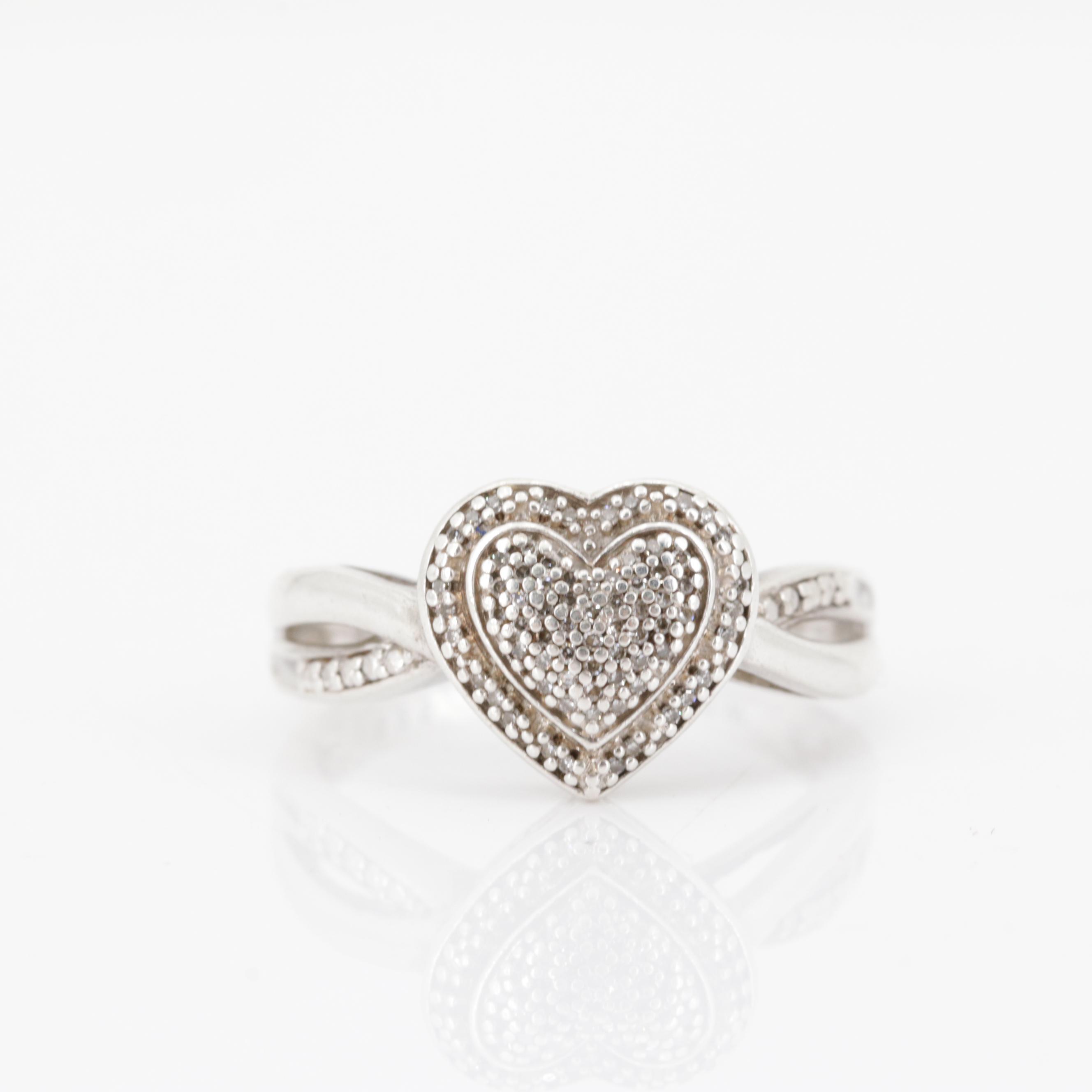 Sterling Silver Heart Shape Diamond Cluster Ring