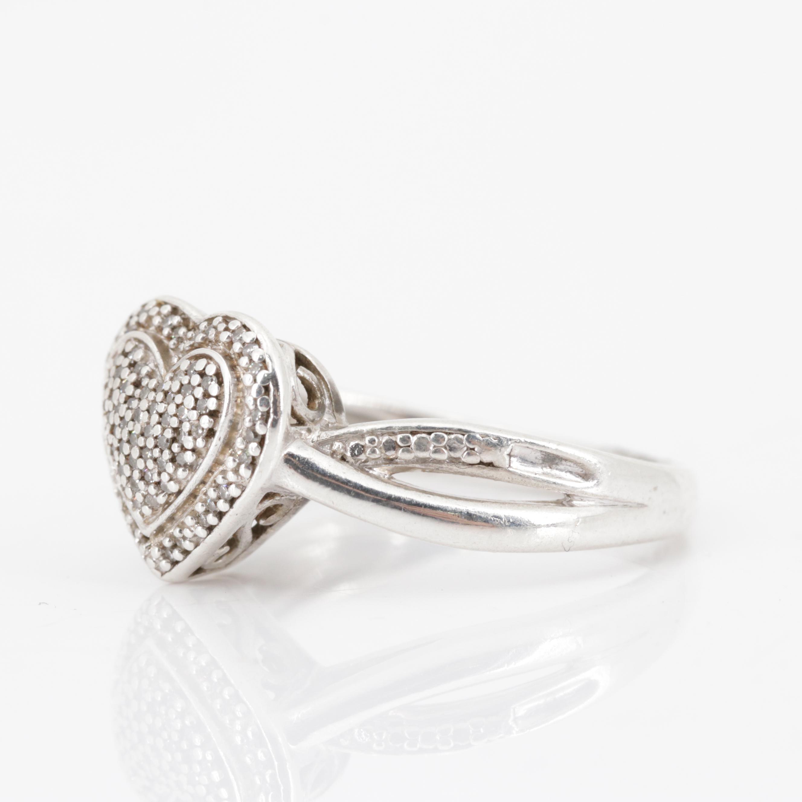 Sterling Silver Heart Shape Diamond Cluster Ring