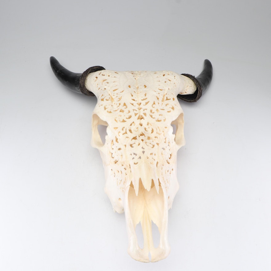 Ornately Carved Cow Skull