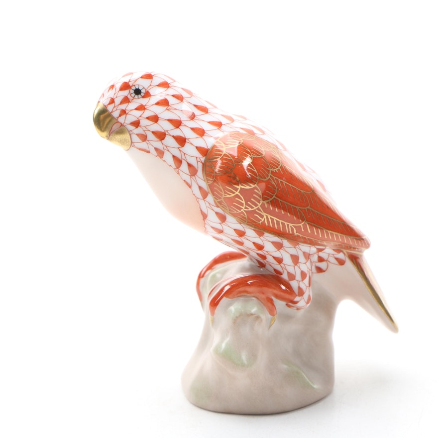 Herend Rust Fishnet with Gold "Sitting Parrot" Porcelain Figurine