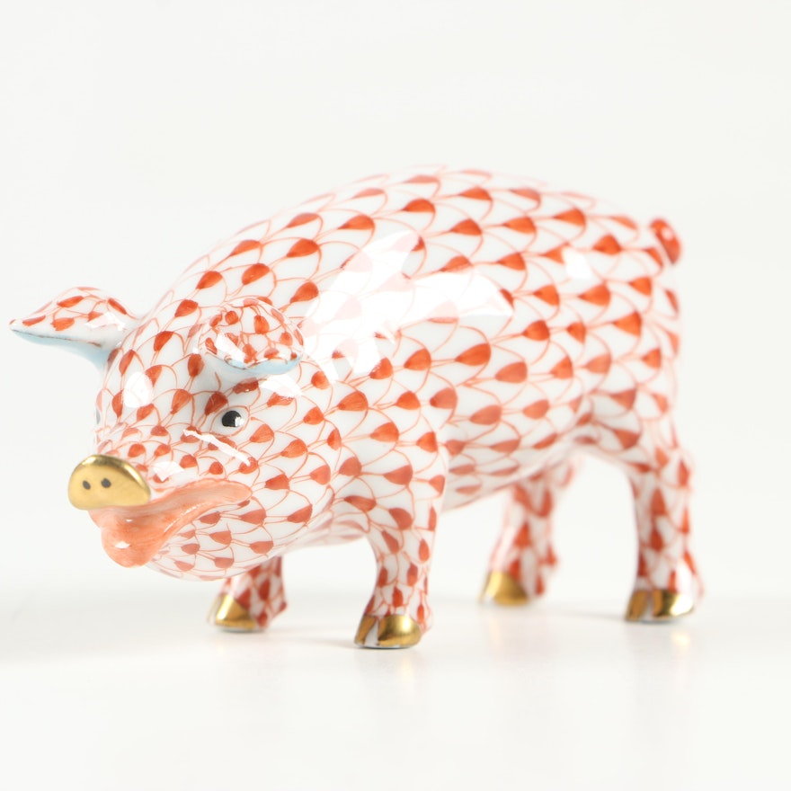 Herend Rust Fishnet with Gold "Pig" Porcelain Figurine