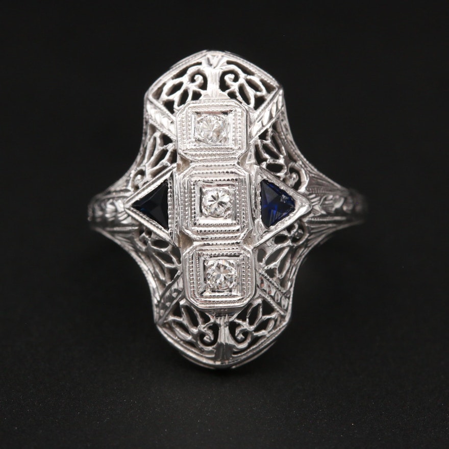 Vintage 18K White Gold Diamond and Sapphire Ring