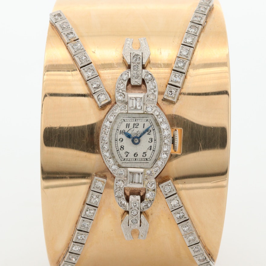 Vintage Croton 14K Gold, Platinum and 1.24 CTW Diamond Stem Wind Wristwatch