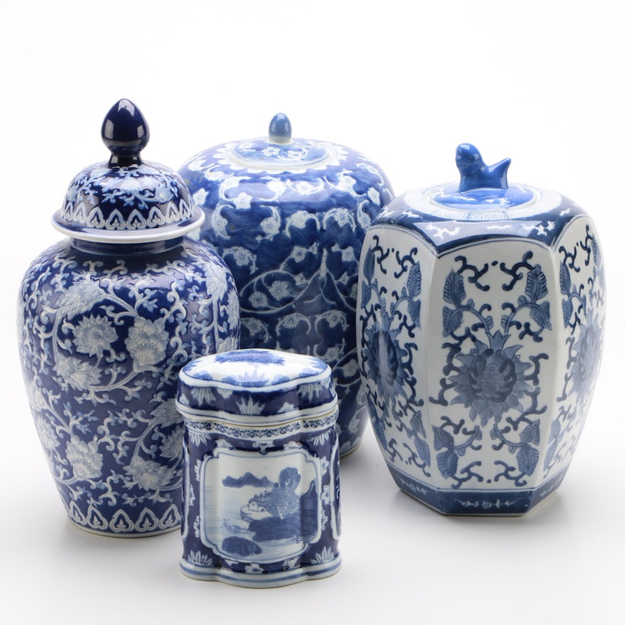 Assortment of Blue and White Chinese Porcelain Jars