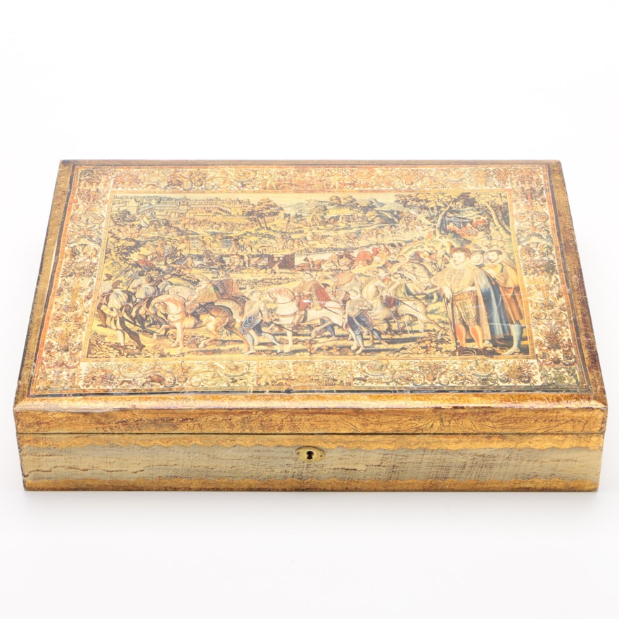 Florentina Giltwood and Tapestry Print Decoupage Document Box, Mid-Century