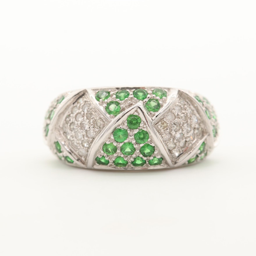 14K White Gold Tsavorite Garnet and Diamond Ring