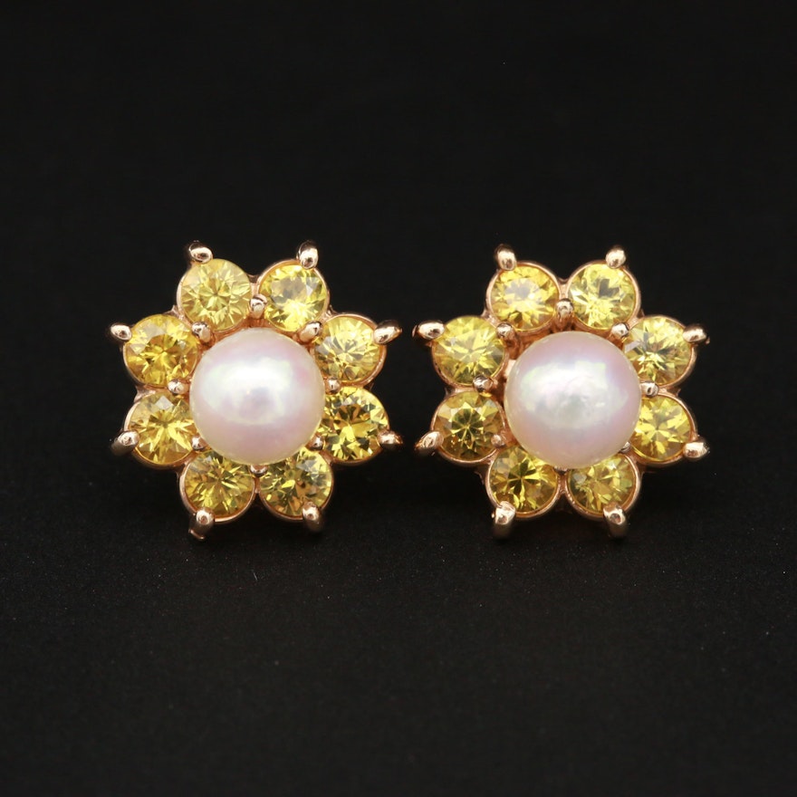 14K Yellow Gold Cultured Pearl Stud Earrings With Yellow Sapphire Jackets