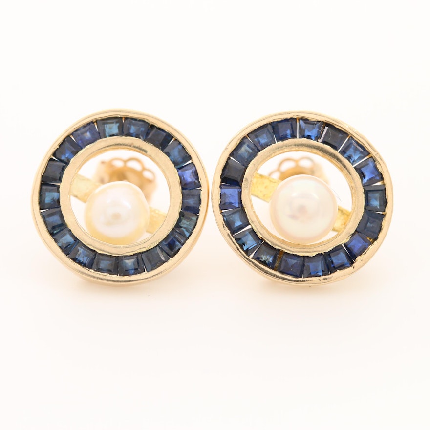 14K Yellow Gold Cultured Pearl Earrings with Sapphire Earring Jackets