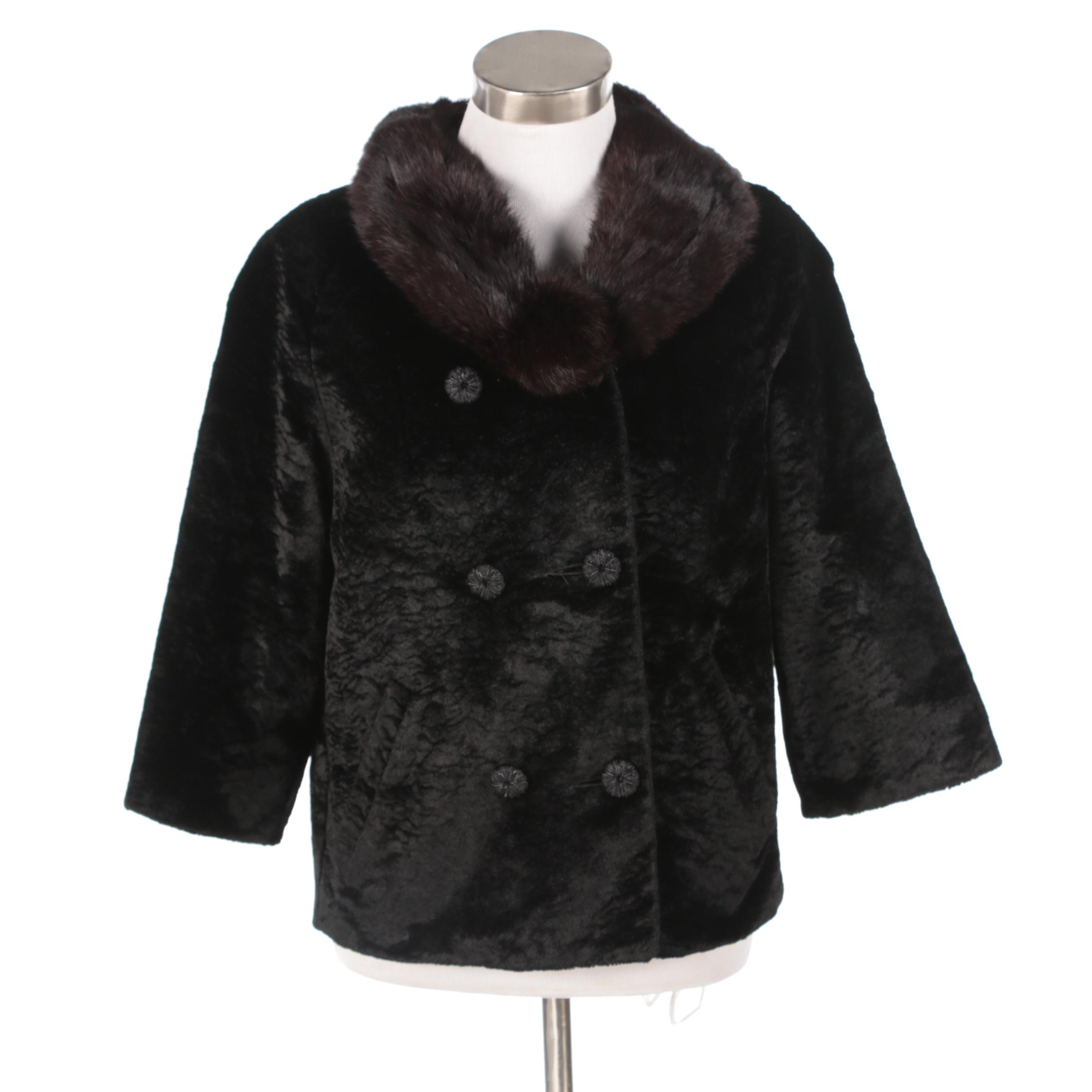 Styled by Winter Faux Broadtail Lamb Fur Coat with Mink Fur Collar, Vintage