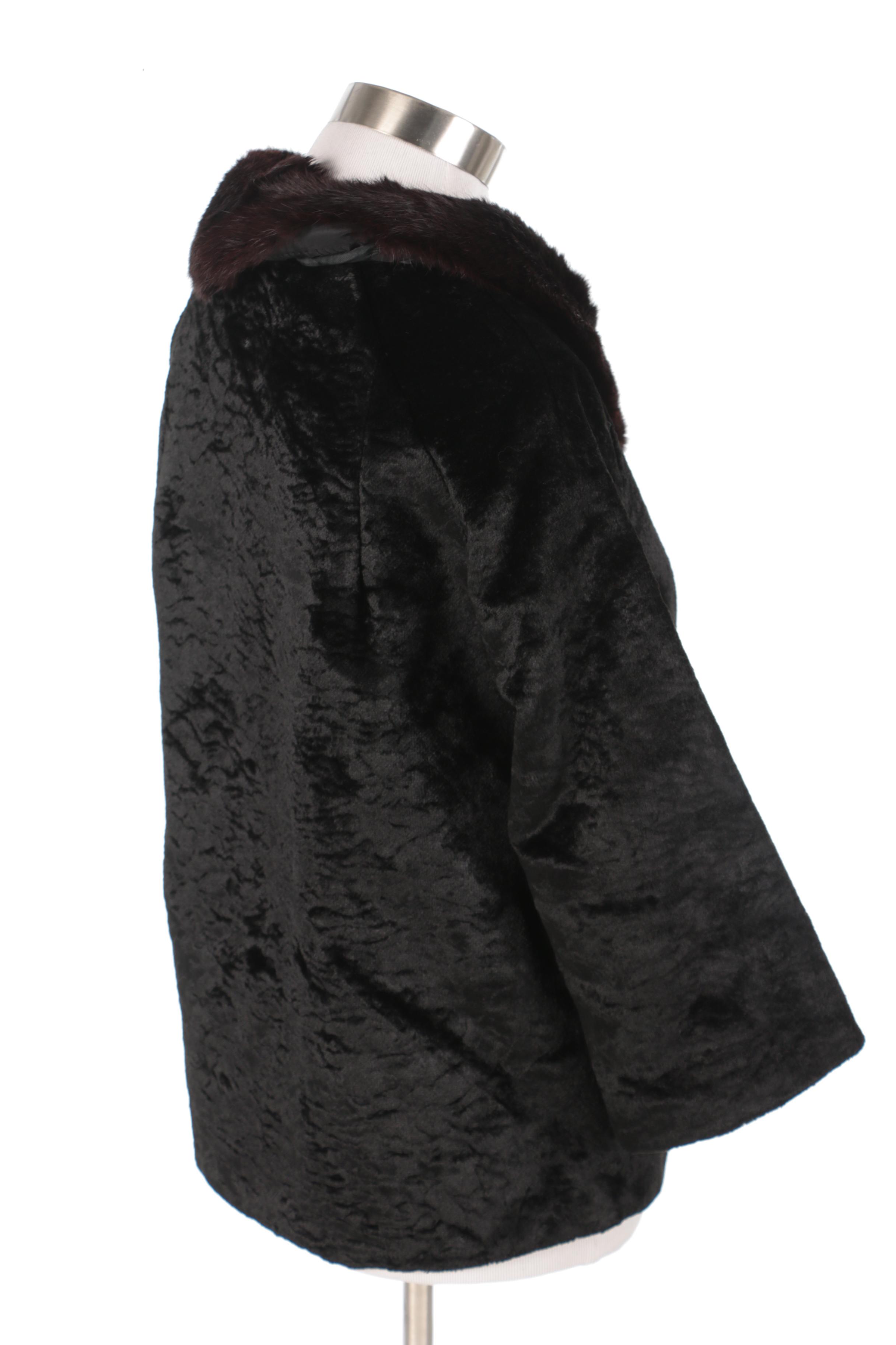 Styled by Winter Faux Broadtail Lamb Fur Coat with Mink Fur Collar, Vintage