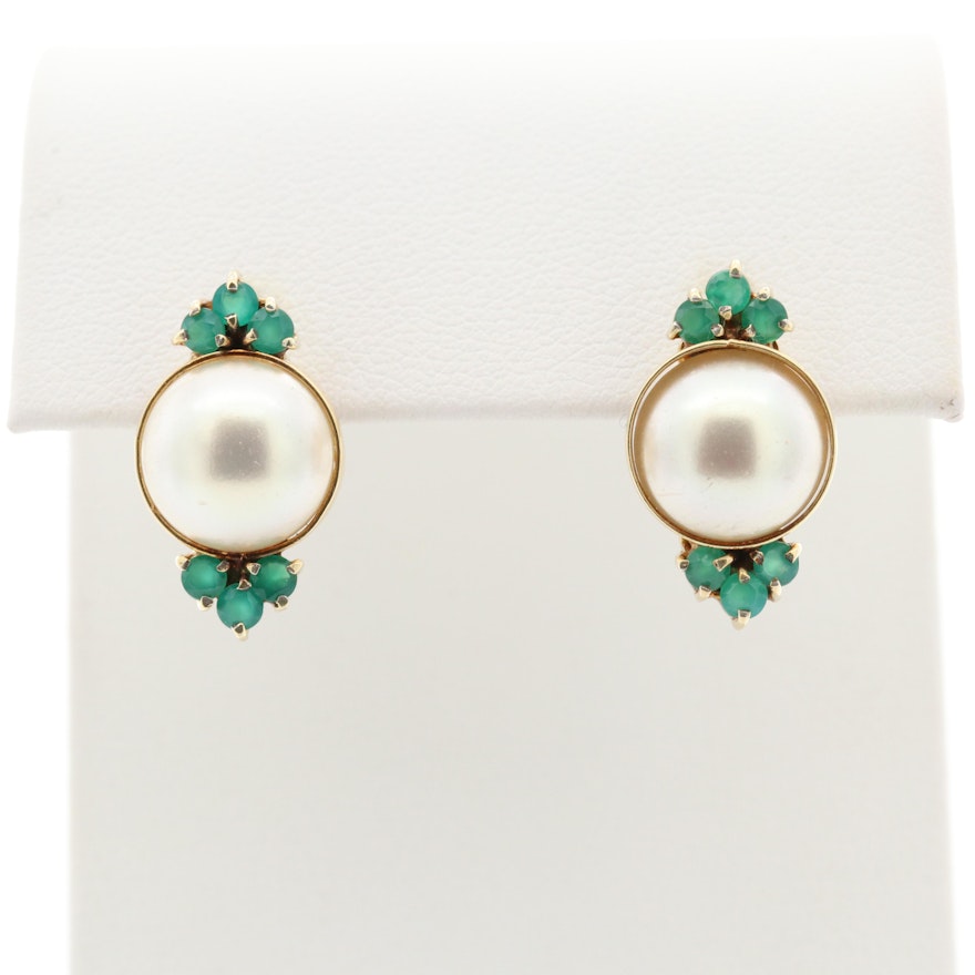 14K Yellow Gold Imitation Pearl and Green Chalcedony Earrings