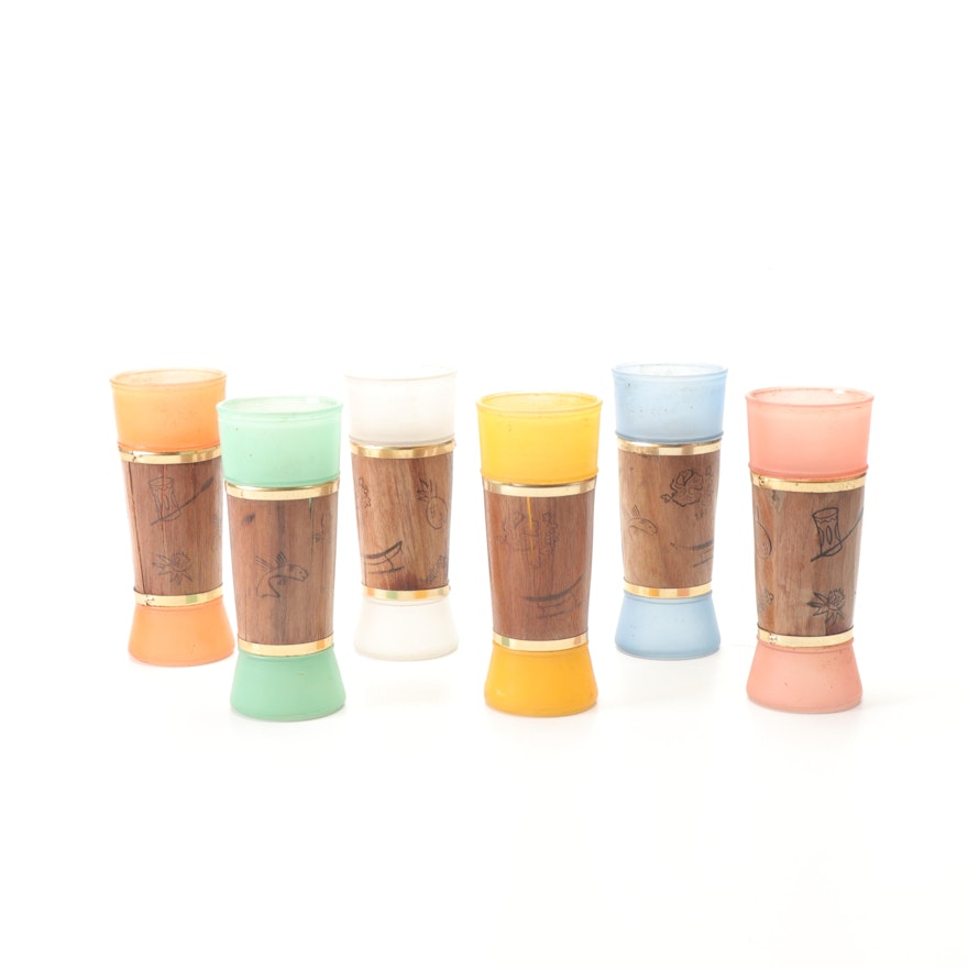 Mid Century Modern Siestaware Multicolor Tiki Barware with Wood and Brass Sleeve