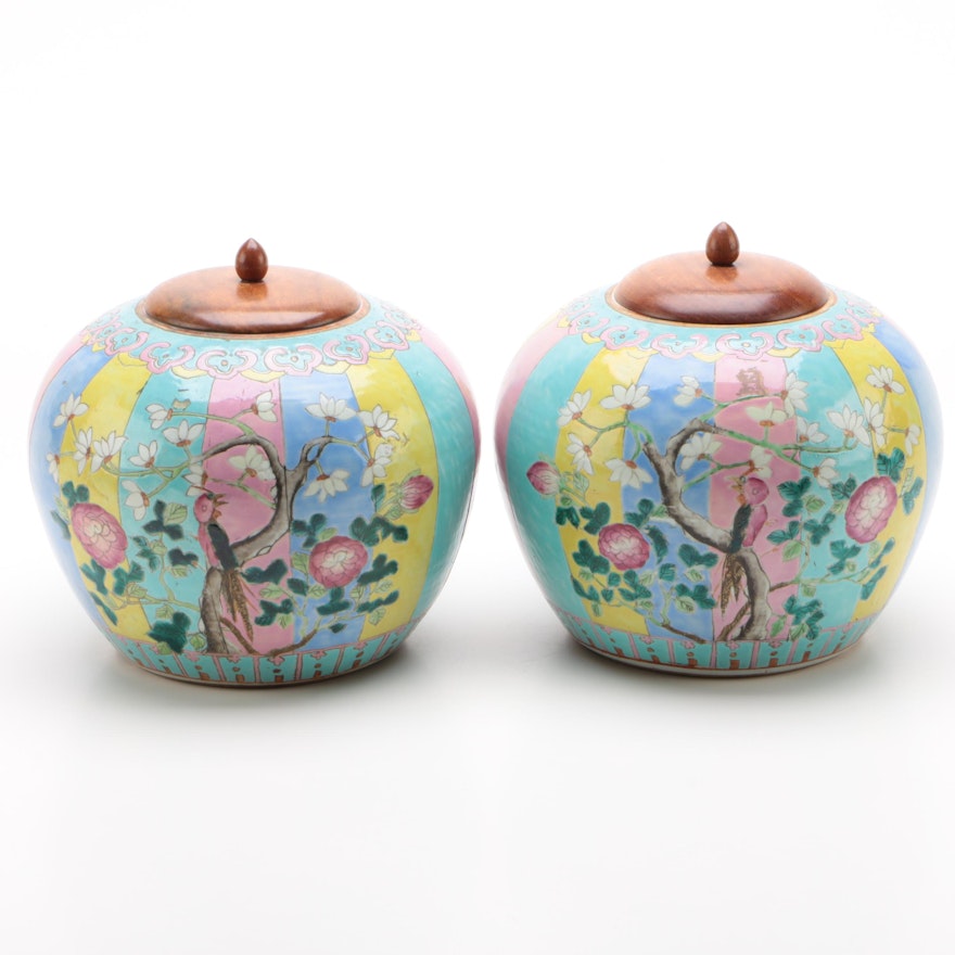 Pair of Chinese Porcelain Melon Jars with Teak Lids