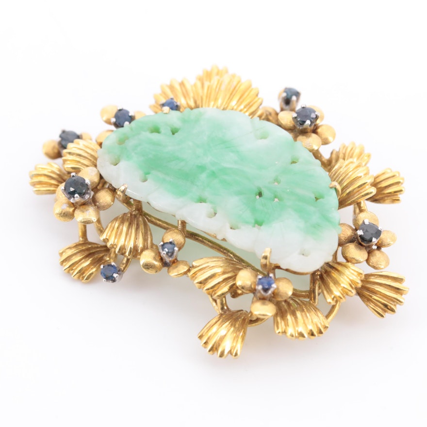 14K Yellow Gold Jadeite and Sapphire Brooch